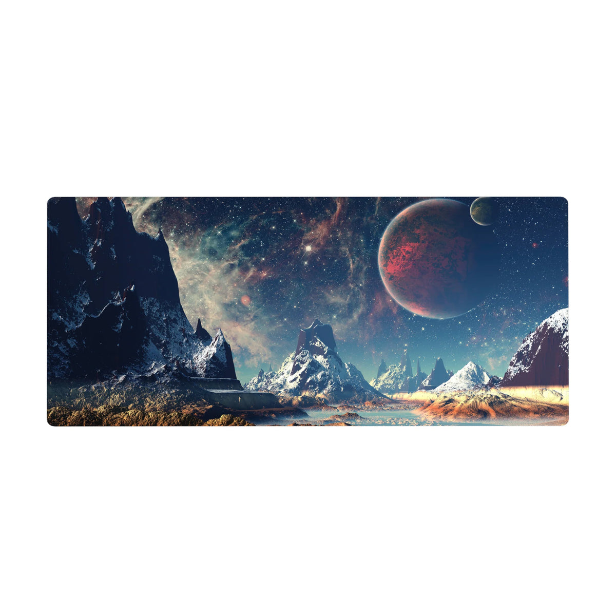 Cosmic mountain galaxy desk pad with starry sky and crimson planet, 36x16 inches.