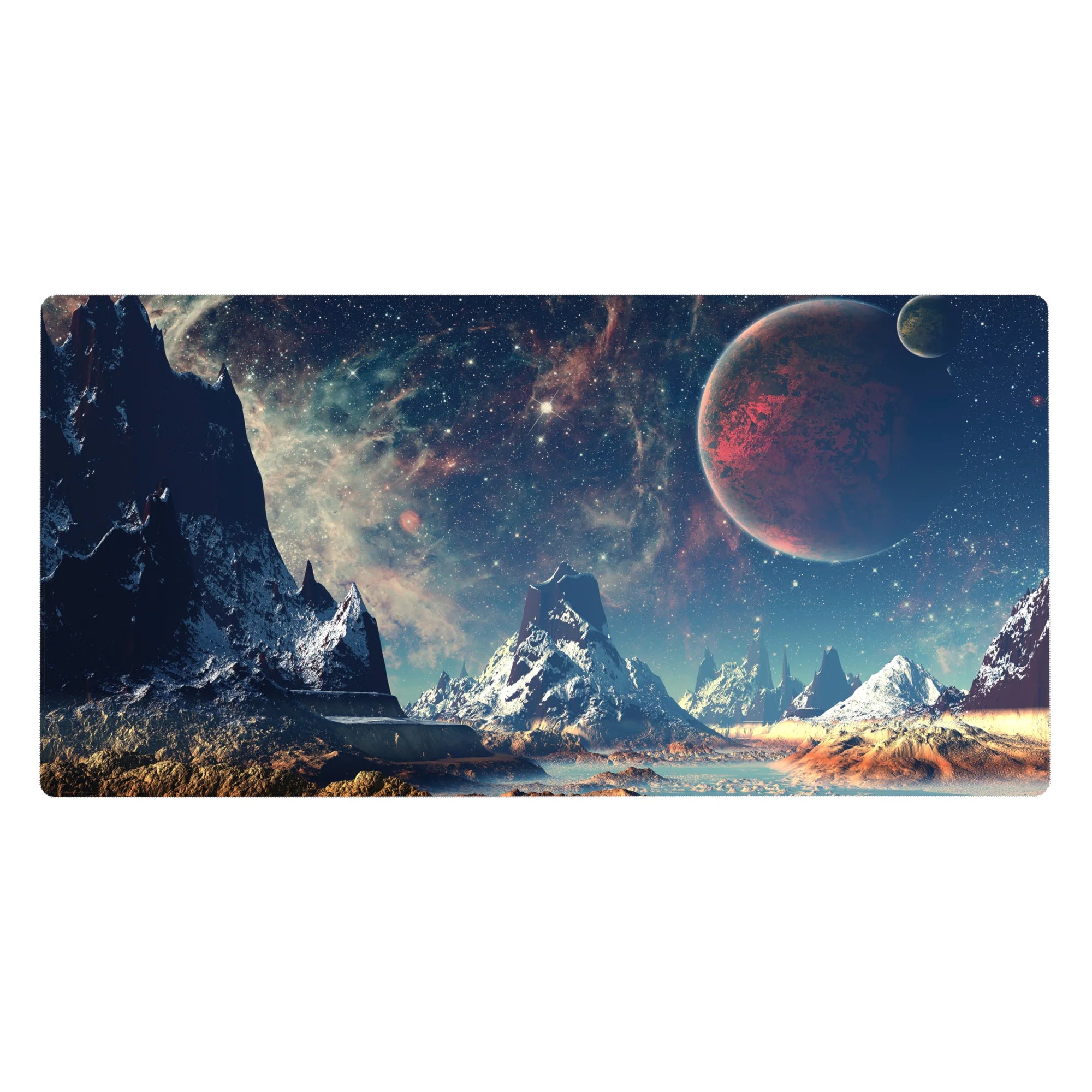Cosmic mountain landscape desk pad 40x20 inches with starry sky, icy peaks, and a red planet.