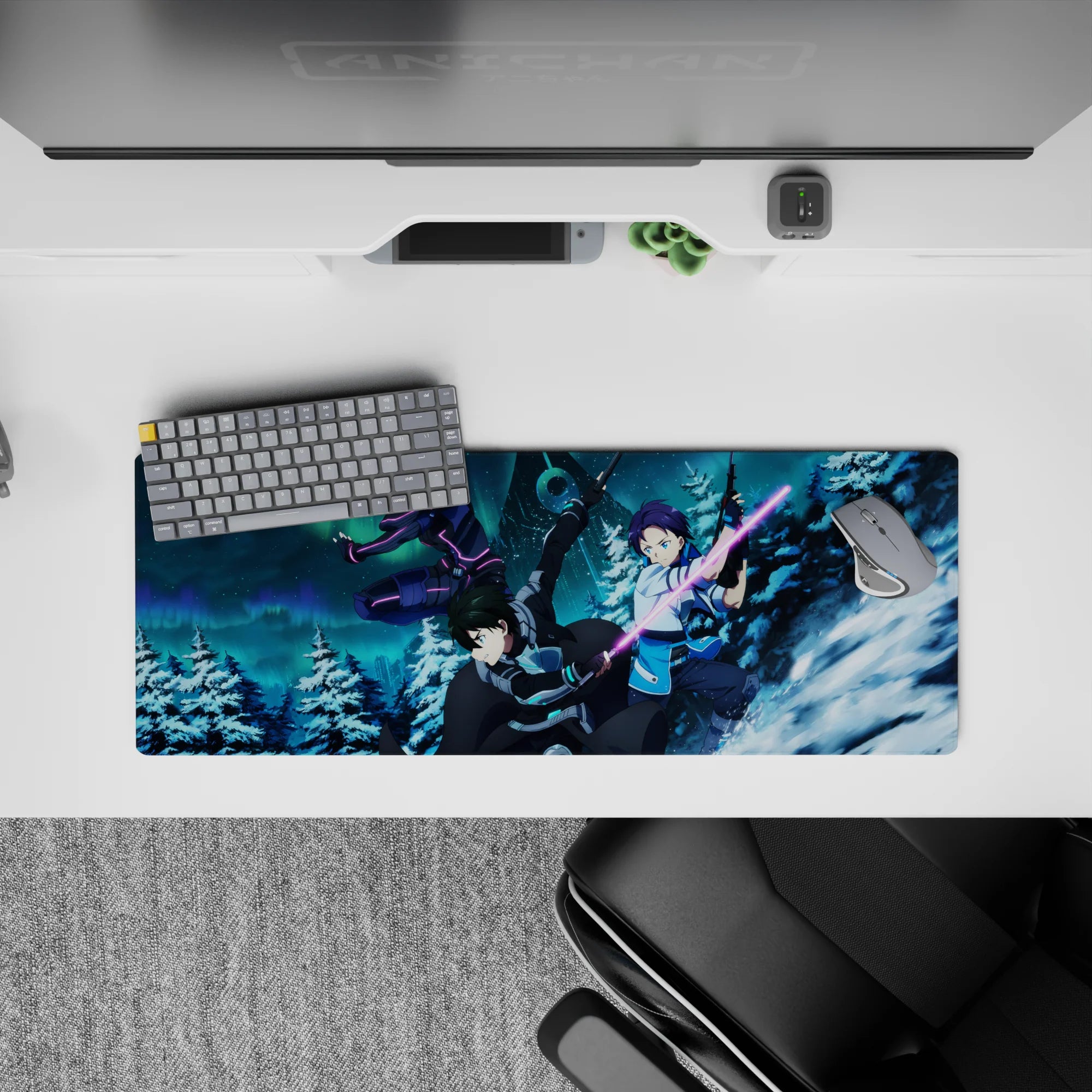 Anime mouse pad 32x12 inches featuring Kirito and squad from Sword Art Online in sci-fi winter scene with neon auroras.