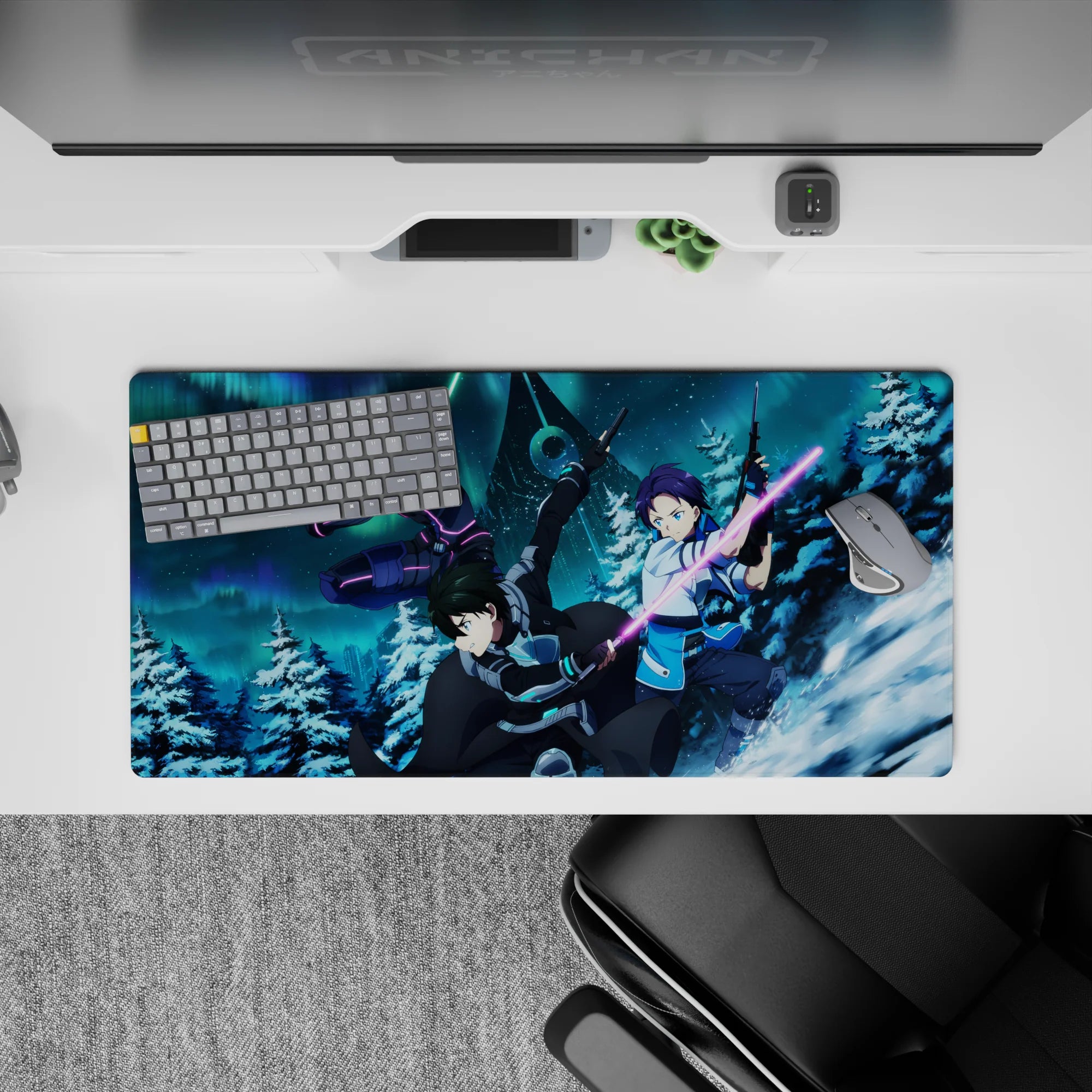 Anime mouse pad 32x16 inches featuring Kirito from Sword Art Online, battling in a snowy, neon-lit scene with vibrant colors.