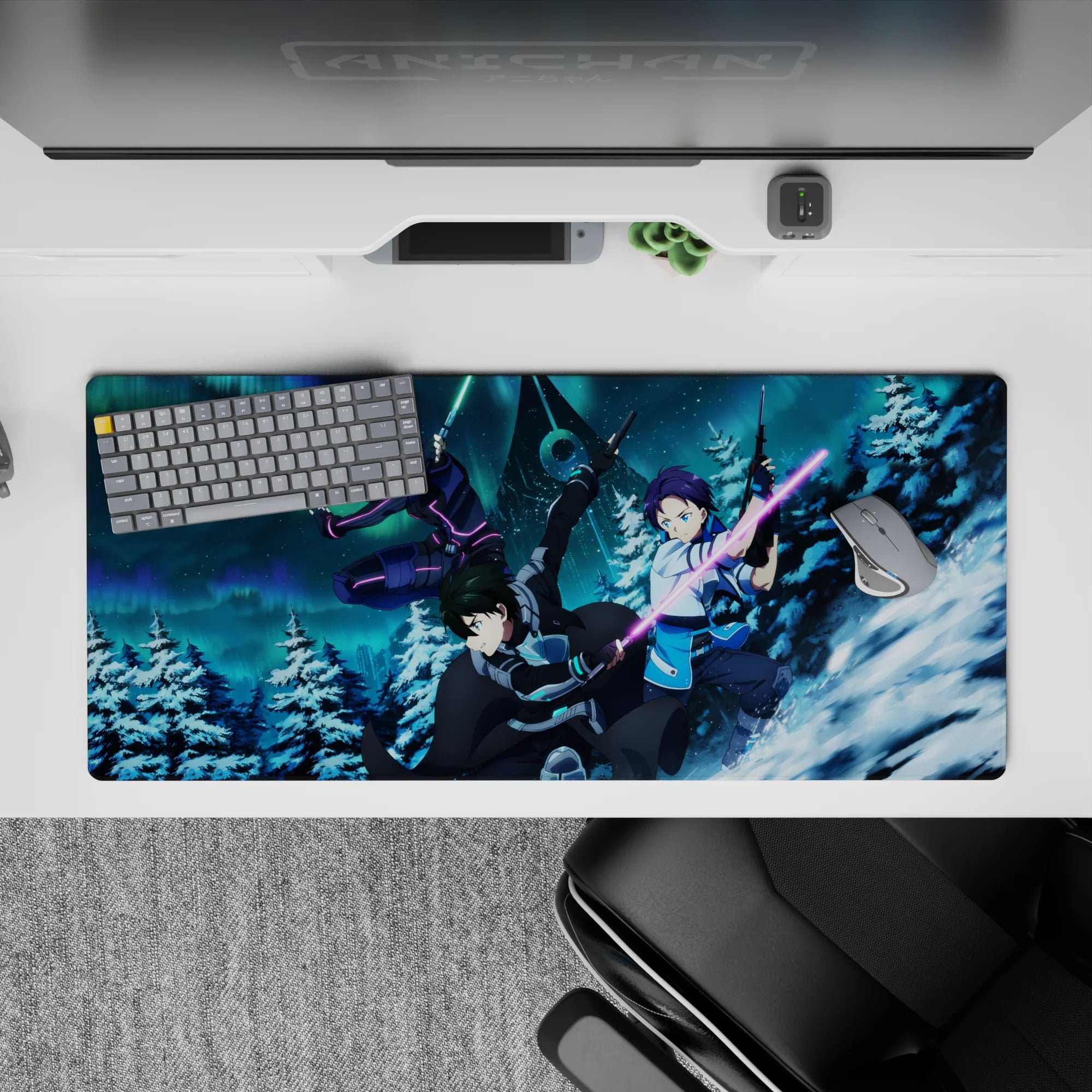 Anime mouse pad 36x16 inches featuring Kirito from Sword Art Online, vibrant scene of action in snow-lit pine and neon auroras.