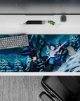 Anime mouse pad 36x16 inches featuring Kirito from Sword Art Online, vibrant scene of action in snow-lit pine and neon auroras.