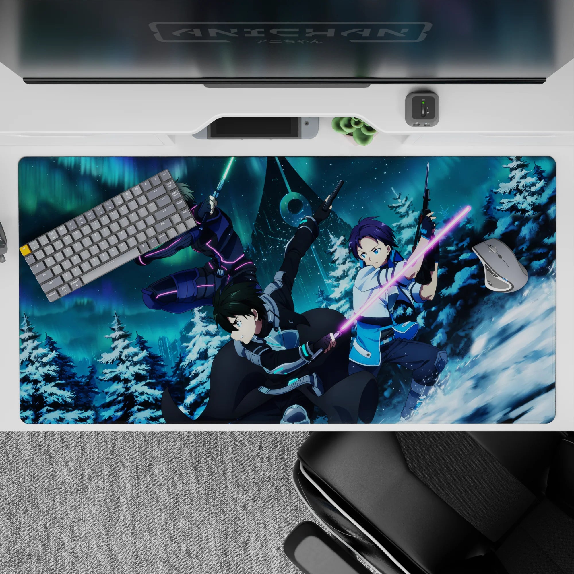Anime mouse pad 40x20 inches featuring Kirito and squad in a vibrant Sword Art Online winter battle scene.