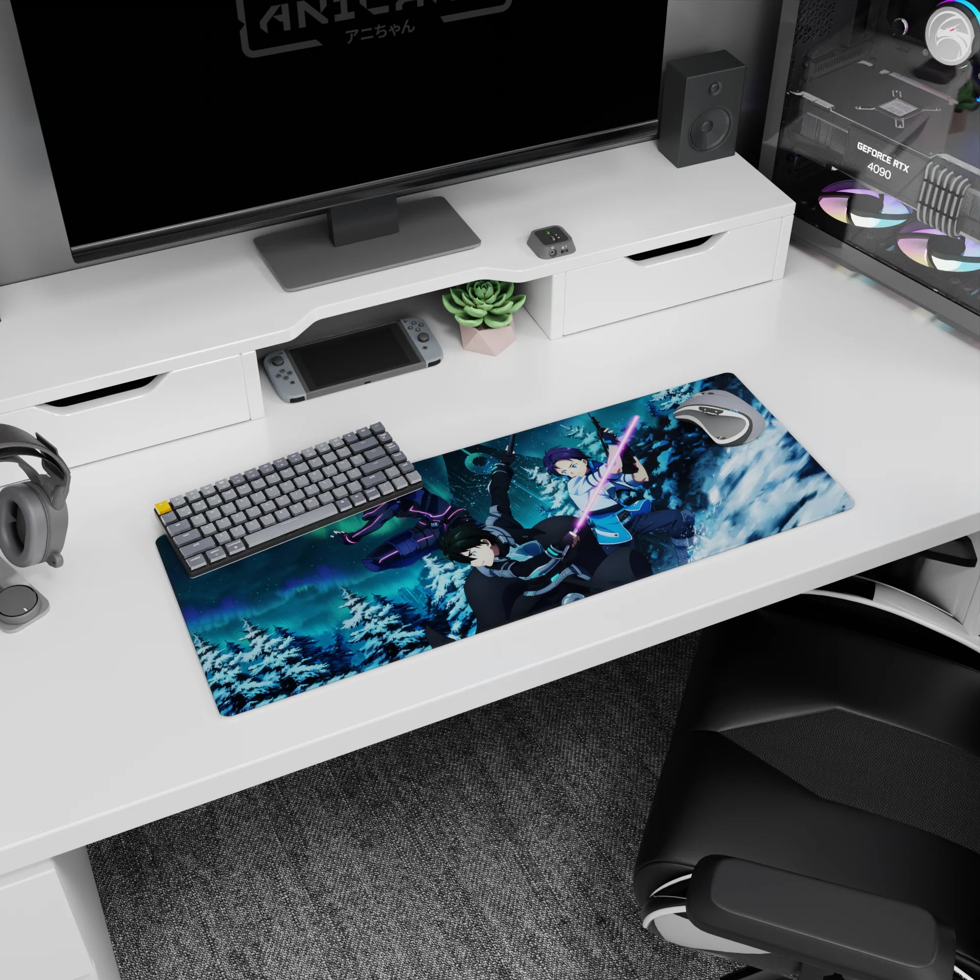 Anime mouse pad 32x12 inches featuring Kirito and squad from Sword Art Online in a dynamic snowy sci-fi scene.