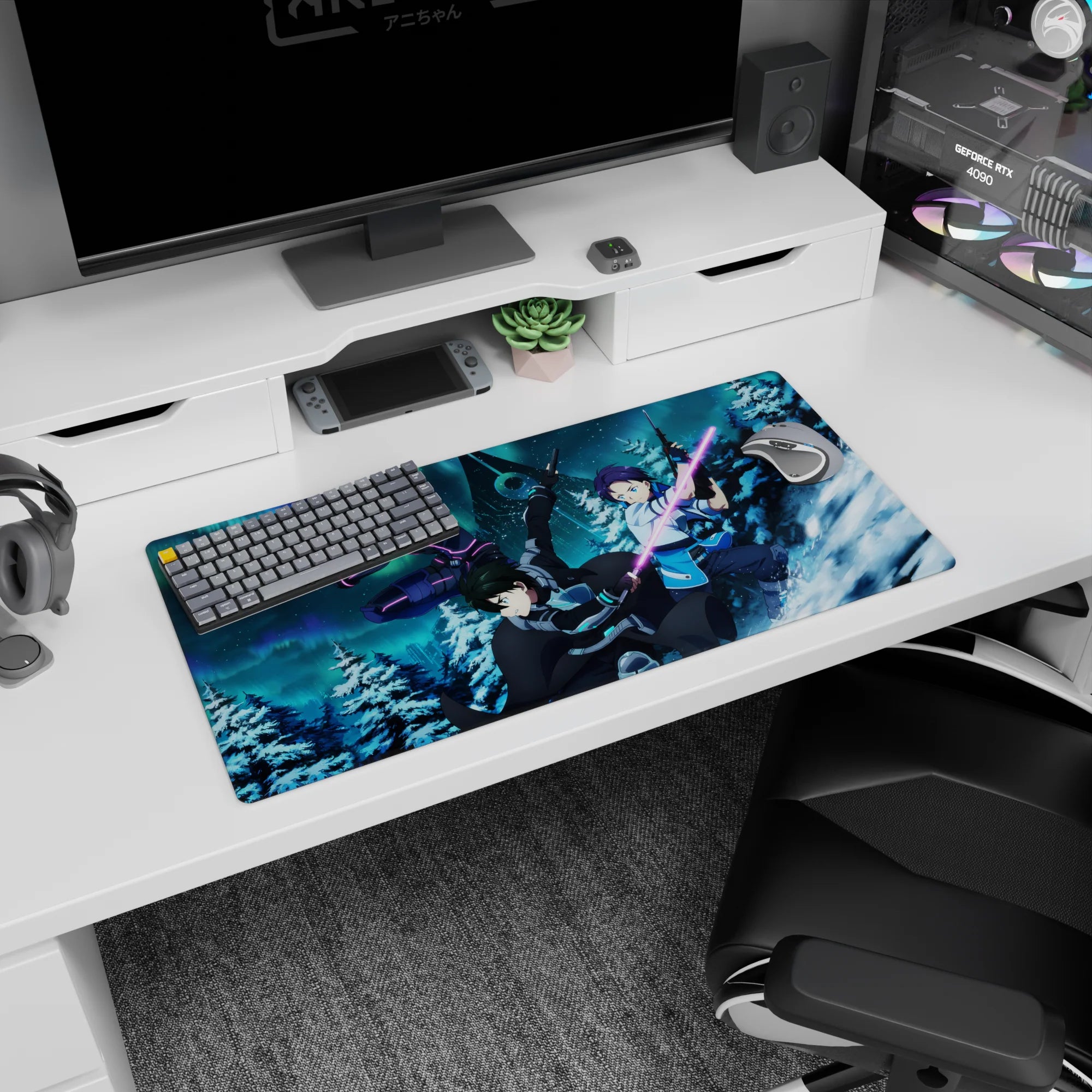 Anime mouse pad 32x16 inches featuring Kirito from Sword Art Online in a vibrant snow-lit pine and neon aurora setting.