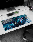Anime mouse pad 32x16 inches featuring Kirito from Sword Art Online in a vibrant snow-lit pine and neon aurora setting.