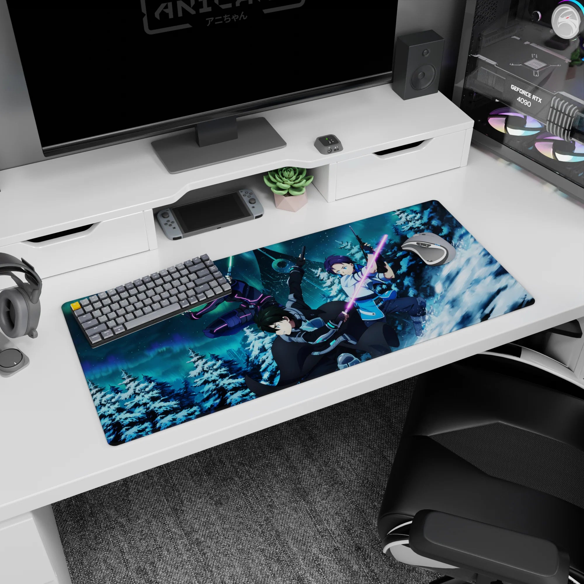 Anime mouse pad 36x16 inches featuring Kirito and squad from Sword Art Online, leaping through a neon-lit winter battle scene.