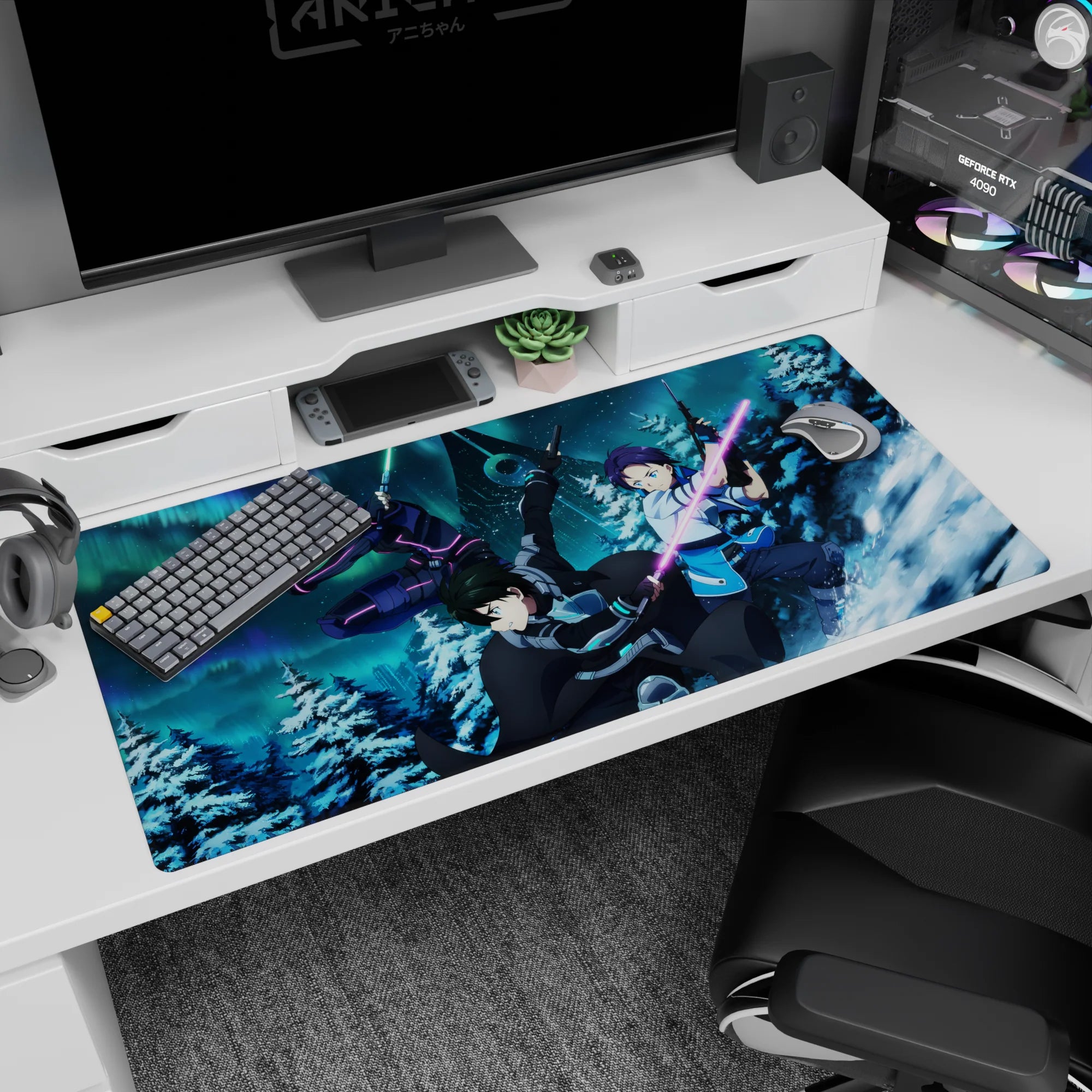 Anime mouse pad 40x20 inches featuring Kirito and squad from Sword Art Online in a snow-lit, neon battle scene.