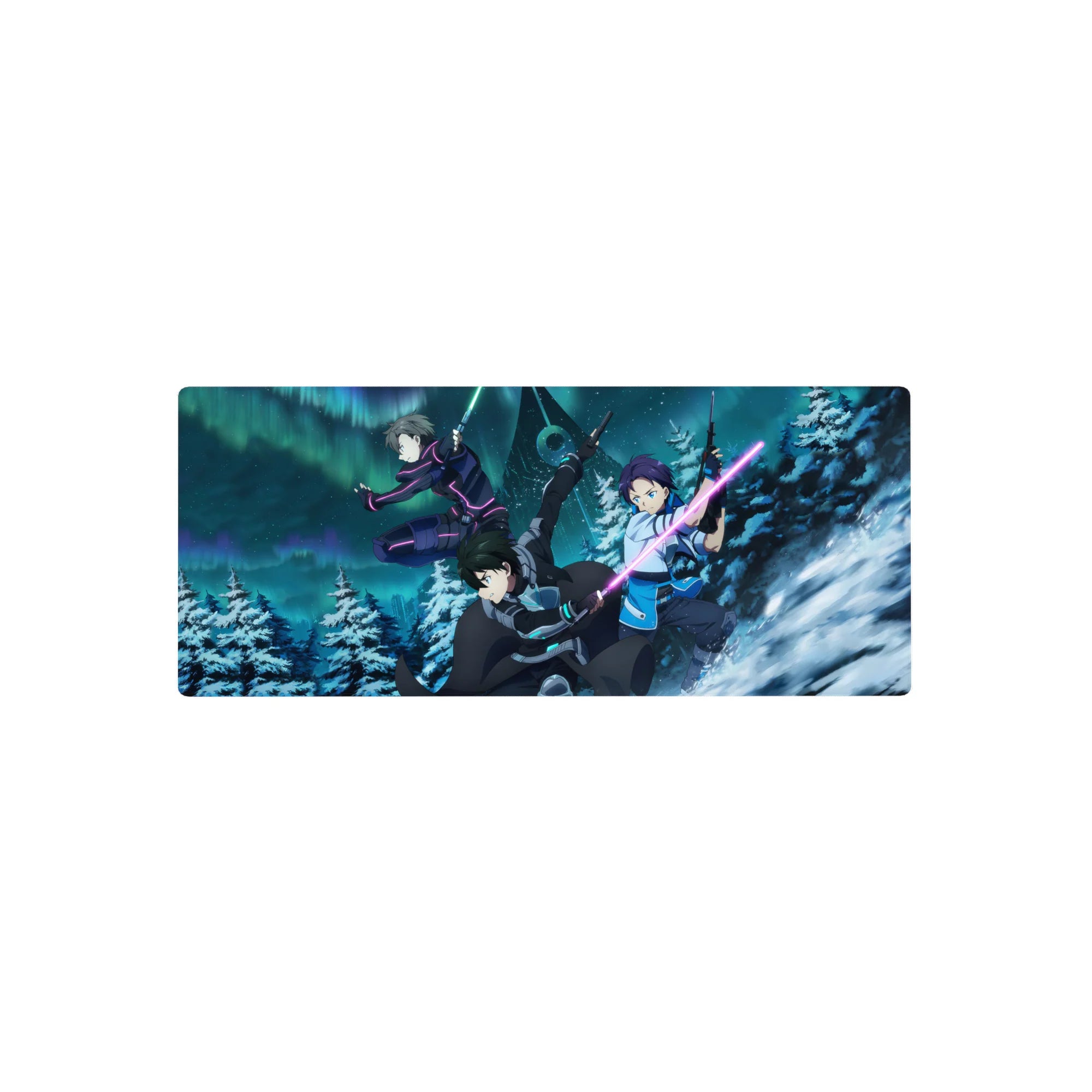 Anime mouse pad 28x12 inches featuring Kirito from Sword Art Online, showcasing a snowy landscape with vibrant neon colors.