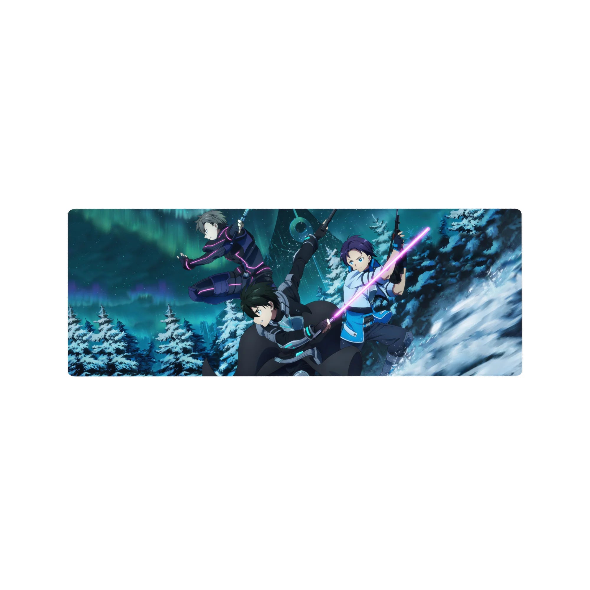 Anime mouse pad 32x12 inches featuring Kirito and squad in a dynamic Sword Art Online winter scene with neon accents.