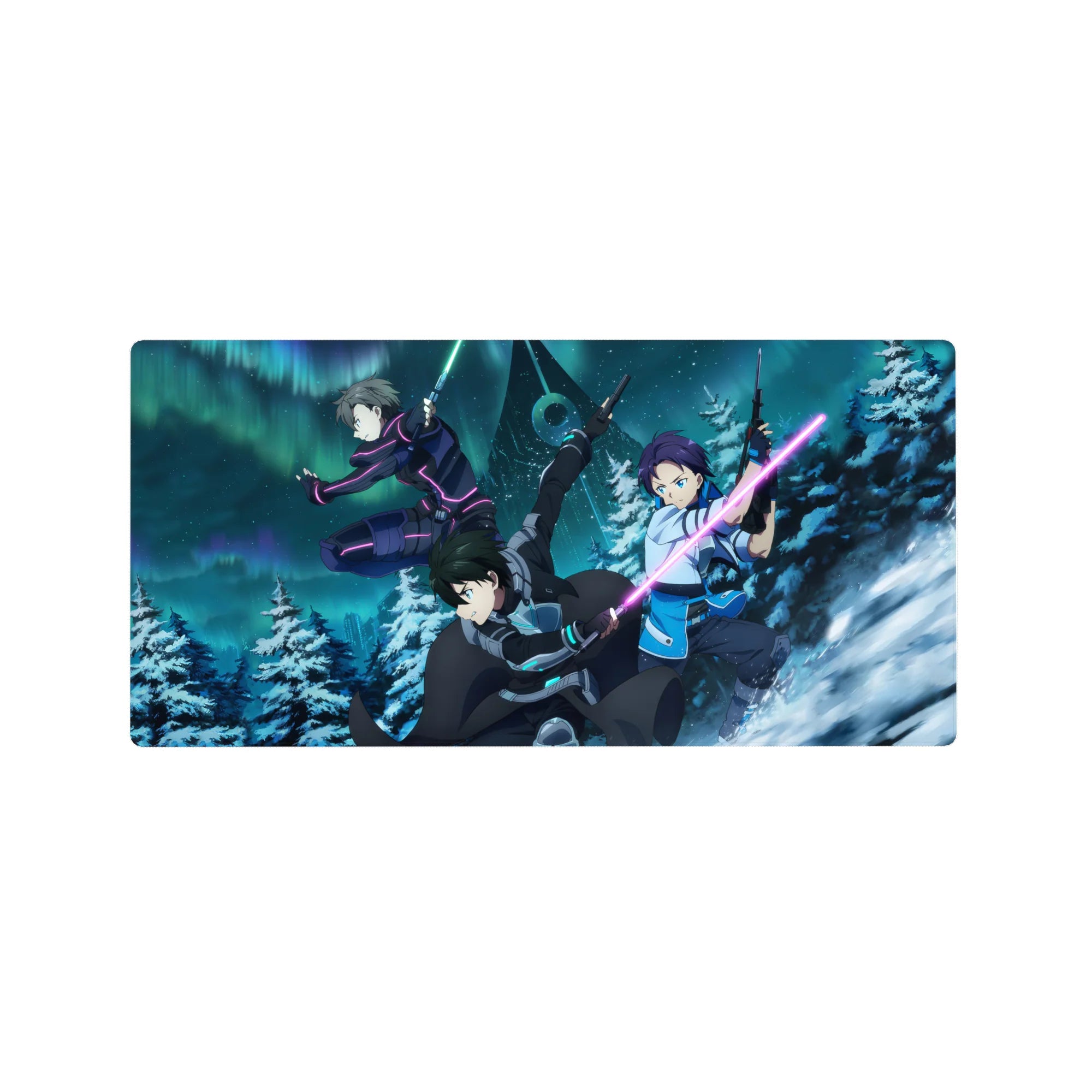 Anime mouse pad 32x16 inches featuring Kirito from Sword Art Online, leaping through snow and neon auroras, ready for battle.