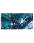 Anime mouse pad 32x16 inches featuring Kirito from Sword Art Online, leaping through snow and neon auroras, ready for battle.