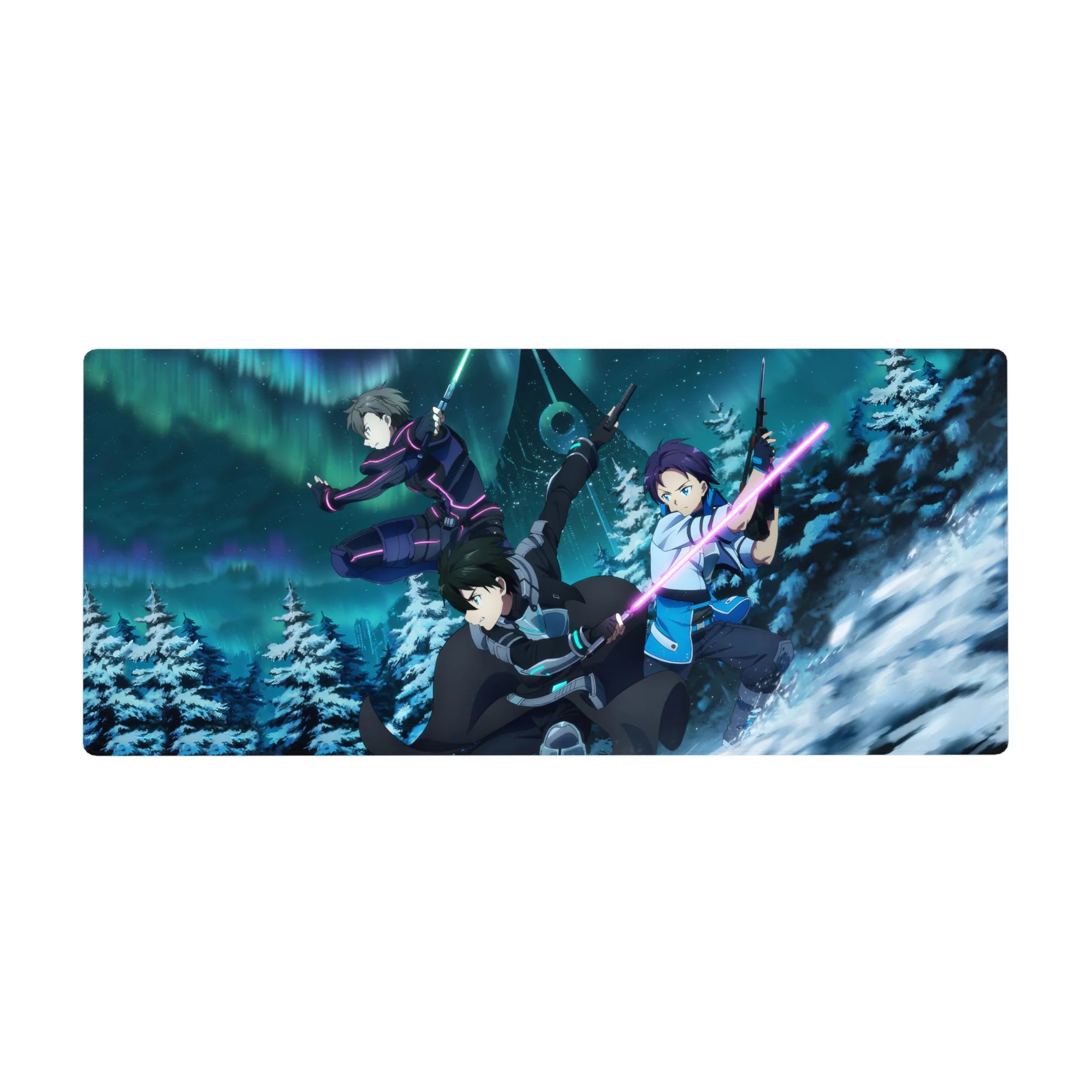 Anime desk pad 36x16 inches featuring Kirito and squad from Sword Art Online in a dynamic, snowy, neon-lit scene.