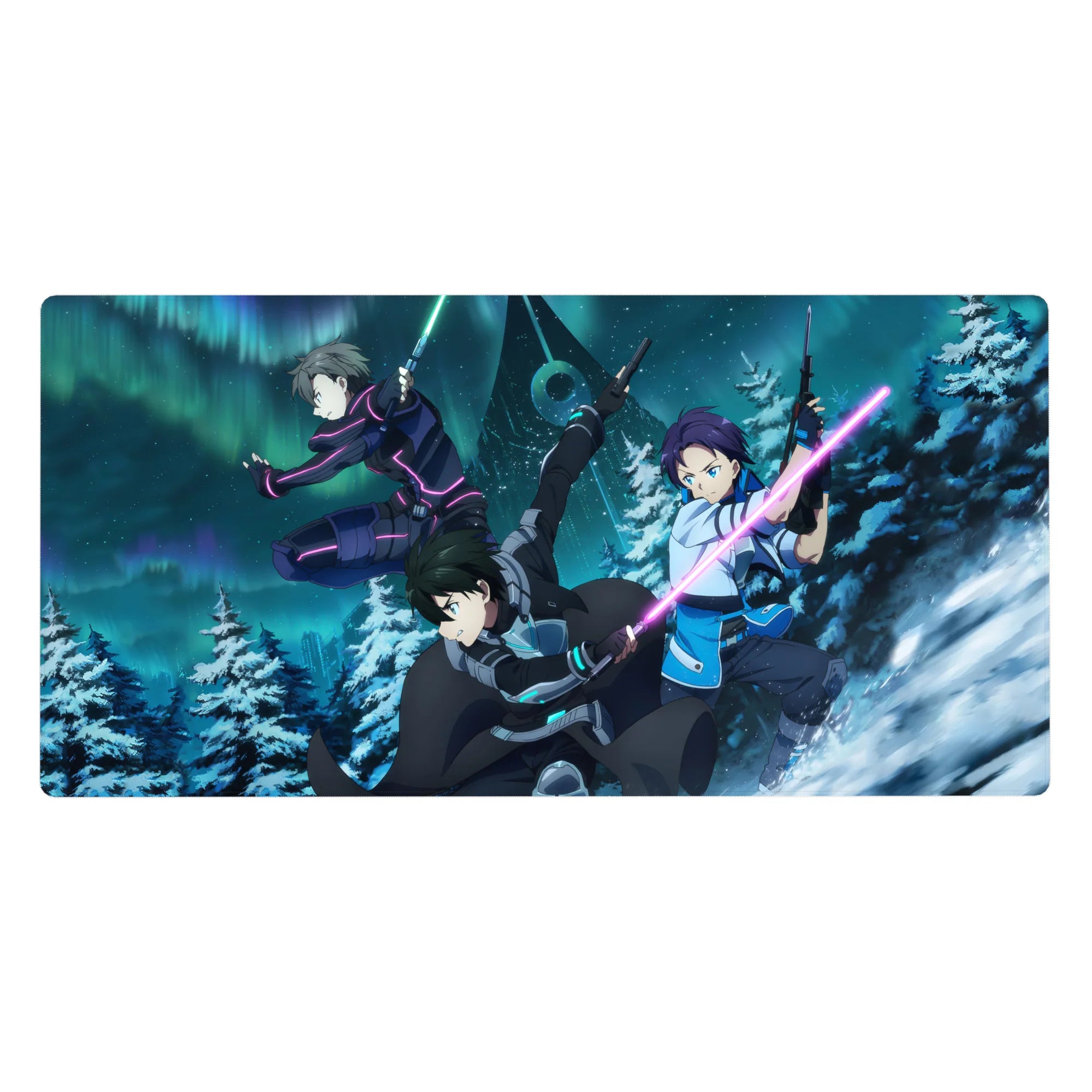 Anime mouse pad 40x20 inches featuring Kirito and squad from Sword Art Online in a vibrant snow-lit battle scene.