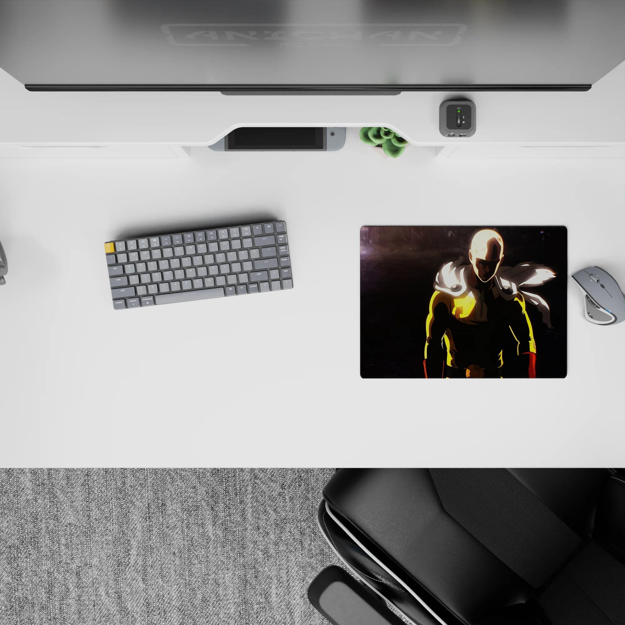 Stormy charcoal battlefield mouse pad 14x10 inches with bold yellow suit and red gloves, intense mood.