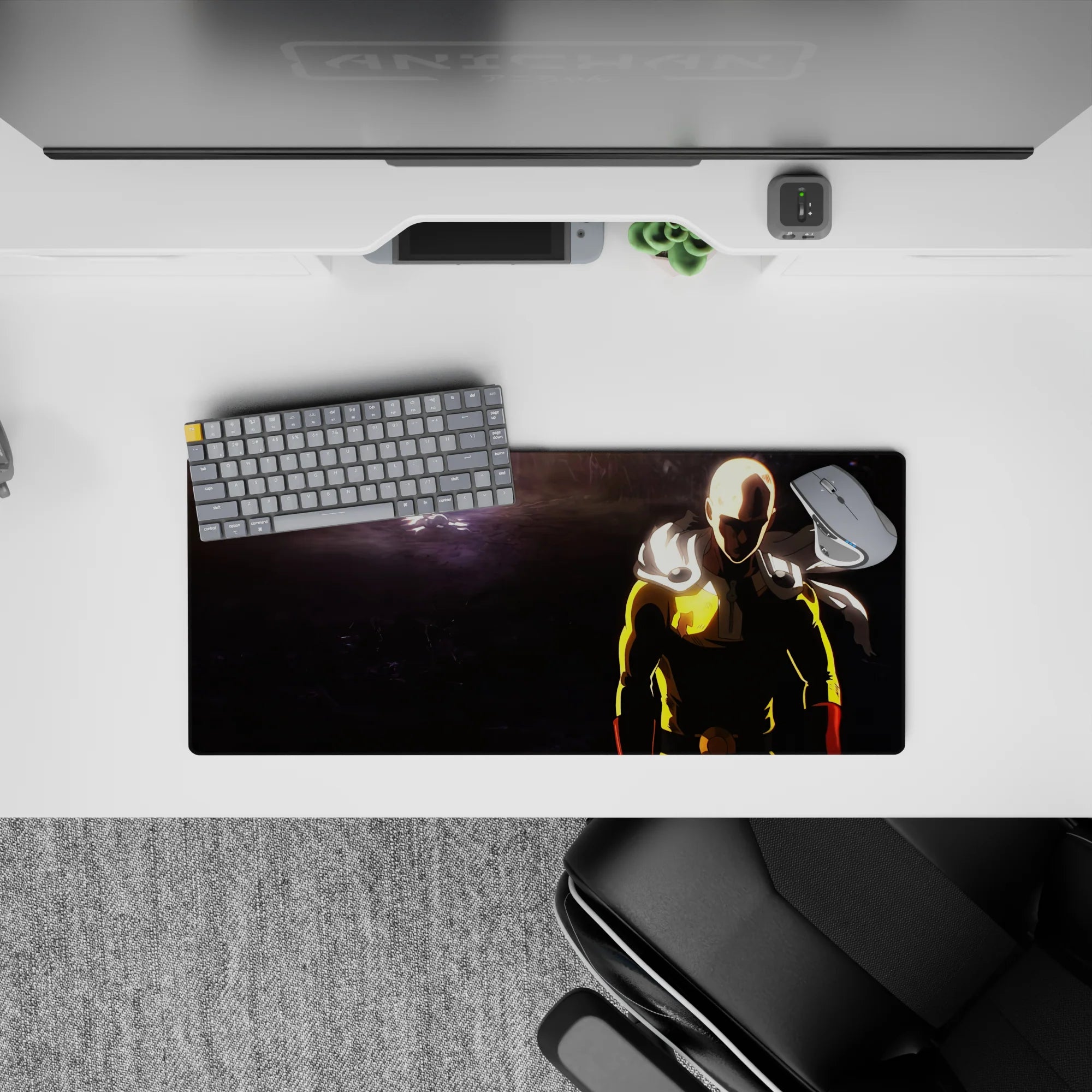 28x12 inches anime mouse pad in bold yellow and red against deep charcoal shadows, stormy and intimidating mood.