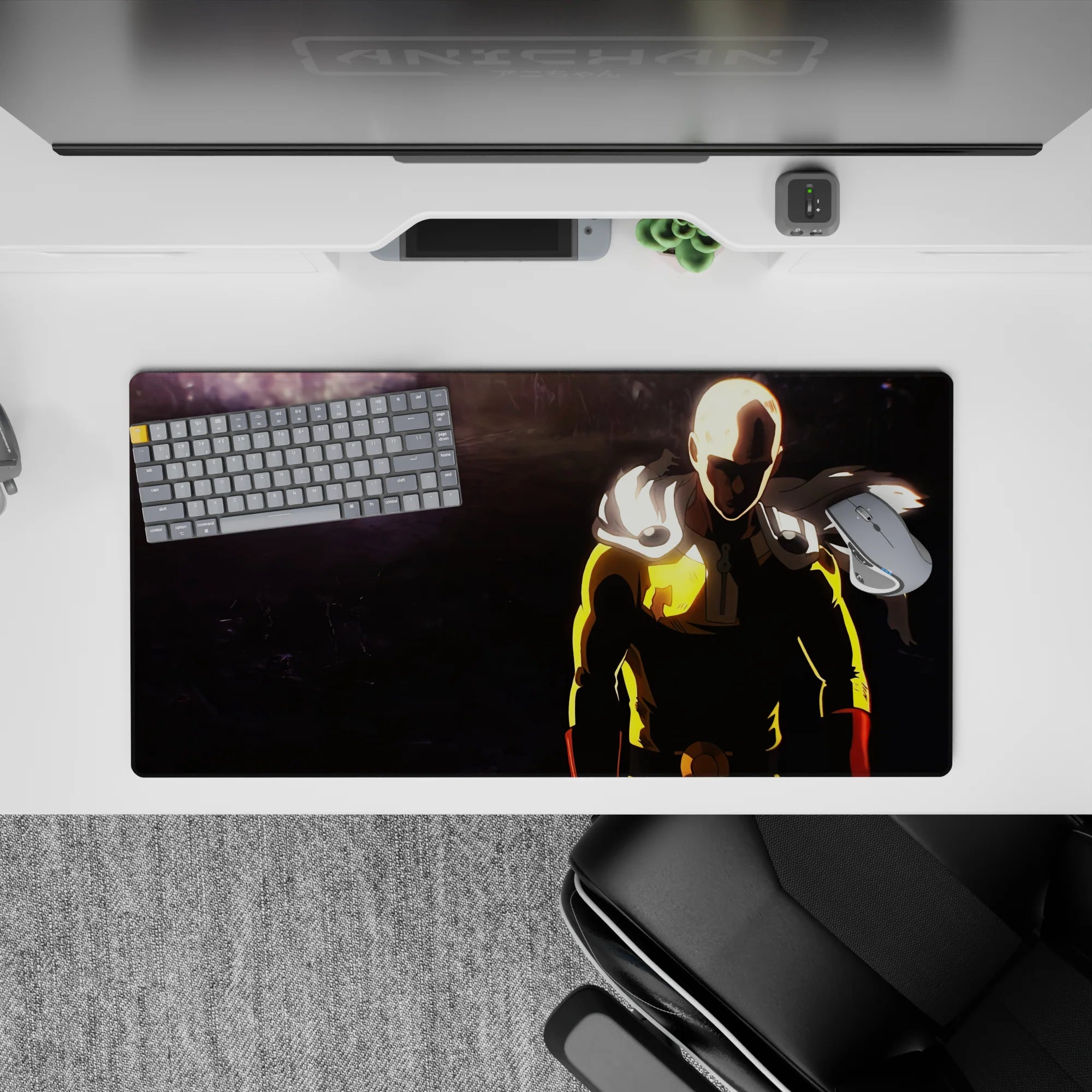 32x16 inches anime mouse pad in yellow and red against deep charcoal shadows, calm and intimidating.