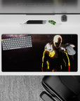 32x16 inches anime mouse pad in yellow and red against deep charcoal shadows, calm and intimidating.