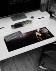 32x12 inches One Punch Man mouse pad showing Saitama calm as his cape snaps in a stormy battlefield haze.