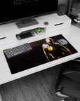 32x16 inches One Punch Man mouse pad showing Saitama standing calm as his cape snaps in smoky haze.