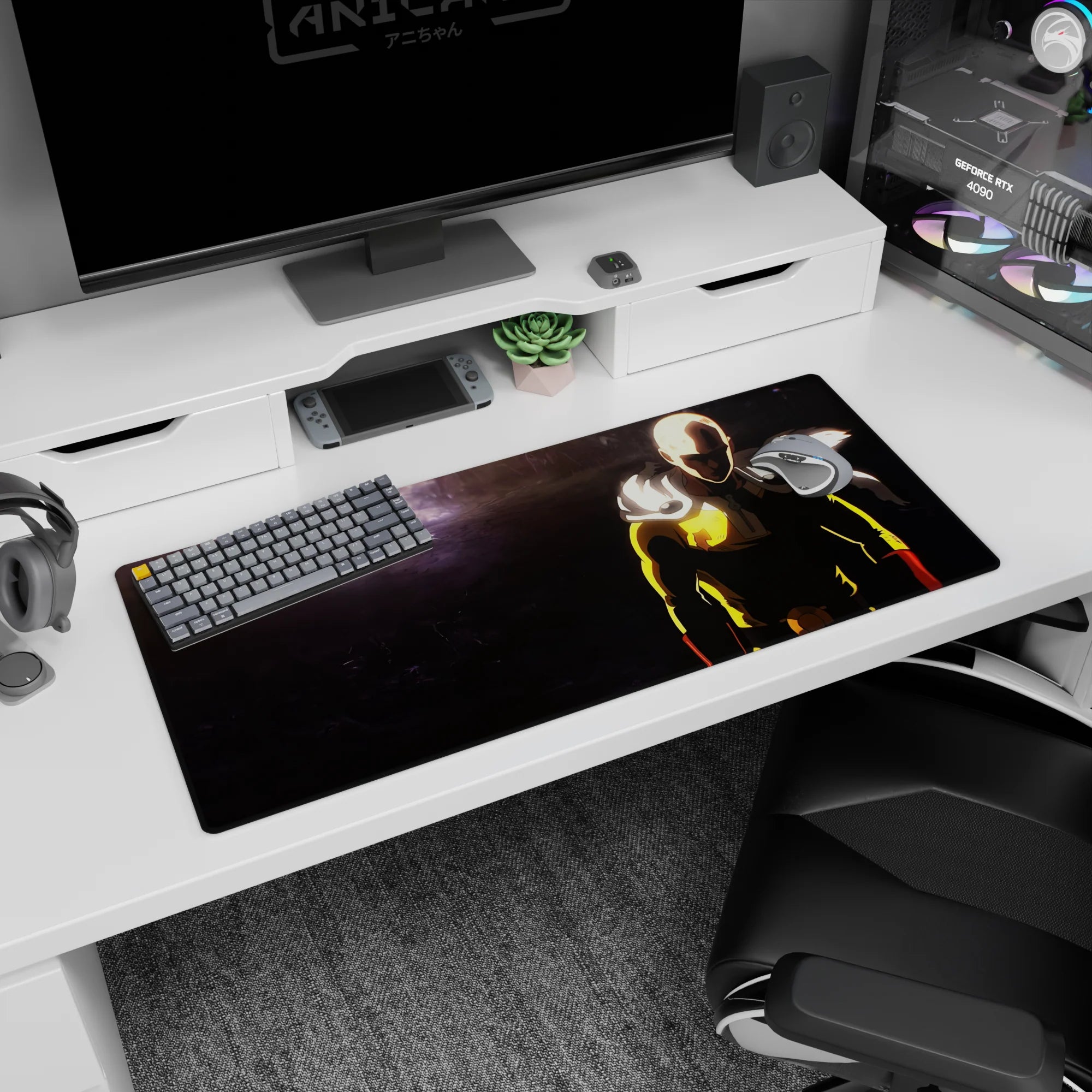 36x16 inches One Punch Man desk pad showing Saitama’s blank stare in a stormy, cratered scene.