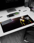 36x16 inches One Punch Man desk pad showing Saitama’s blank stare in a stormy, cratered scene.