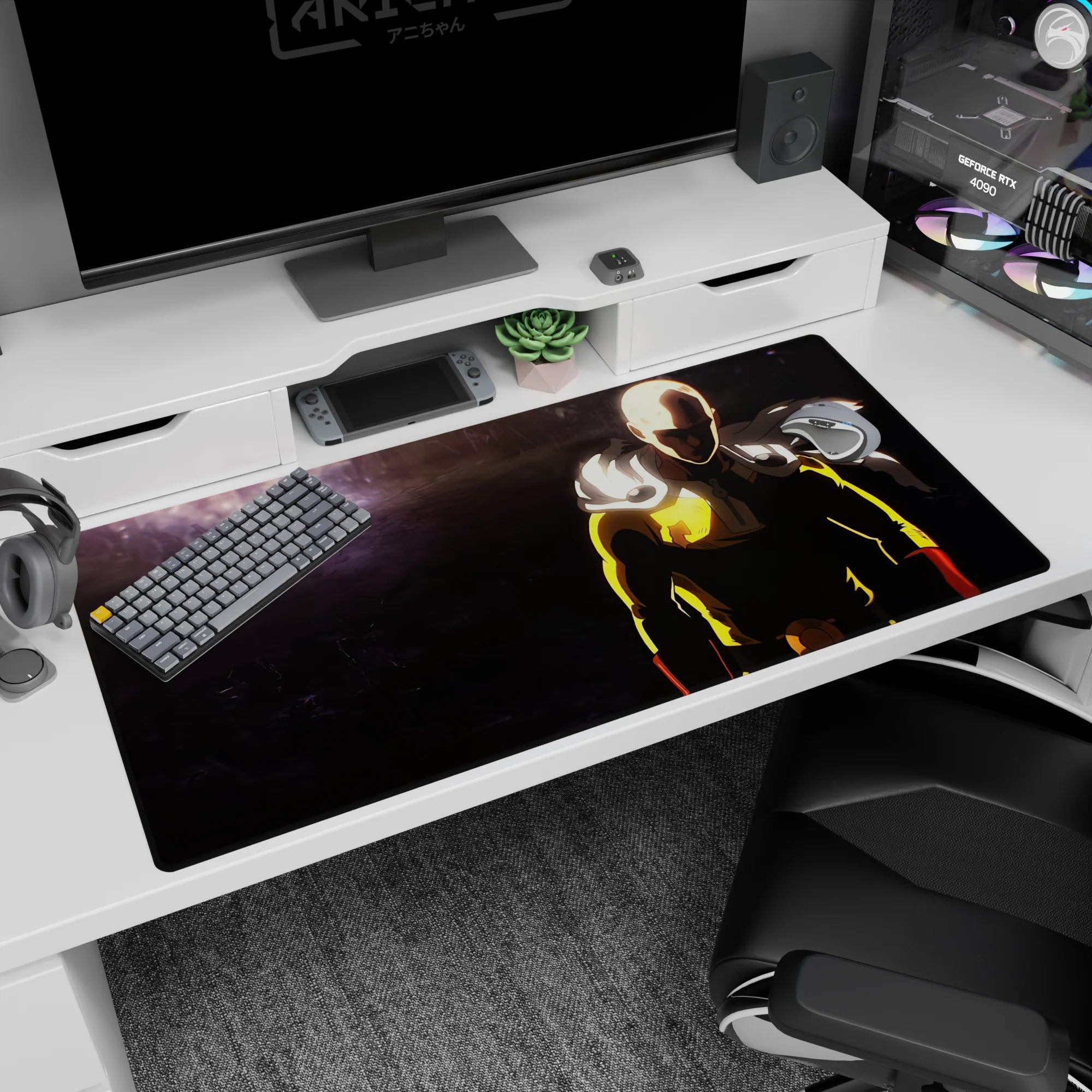 Saitama standing calm as cape snaps in haze on anime desk pad 40x20 inches, blank stare power.