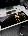 Saitama standing calm as cape snaps in haze on anime desk pad 40x20 inches, blank stare power.
