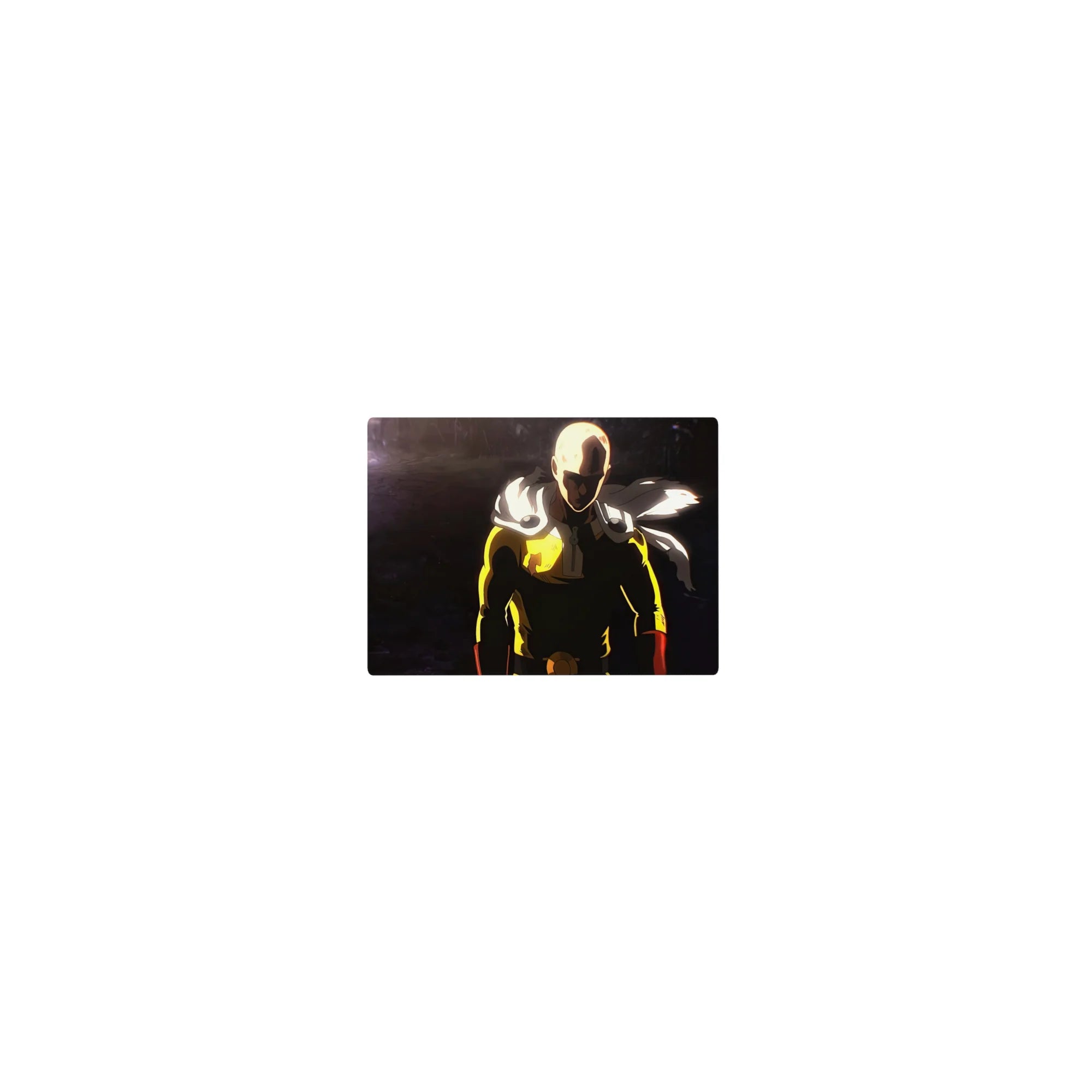 Classic anime mouse pad 14x10 inches with Saitama on a cratered battlefield, clean dramatic composition.
