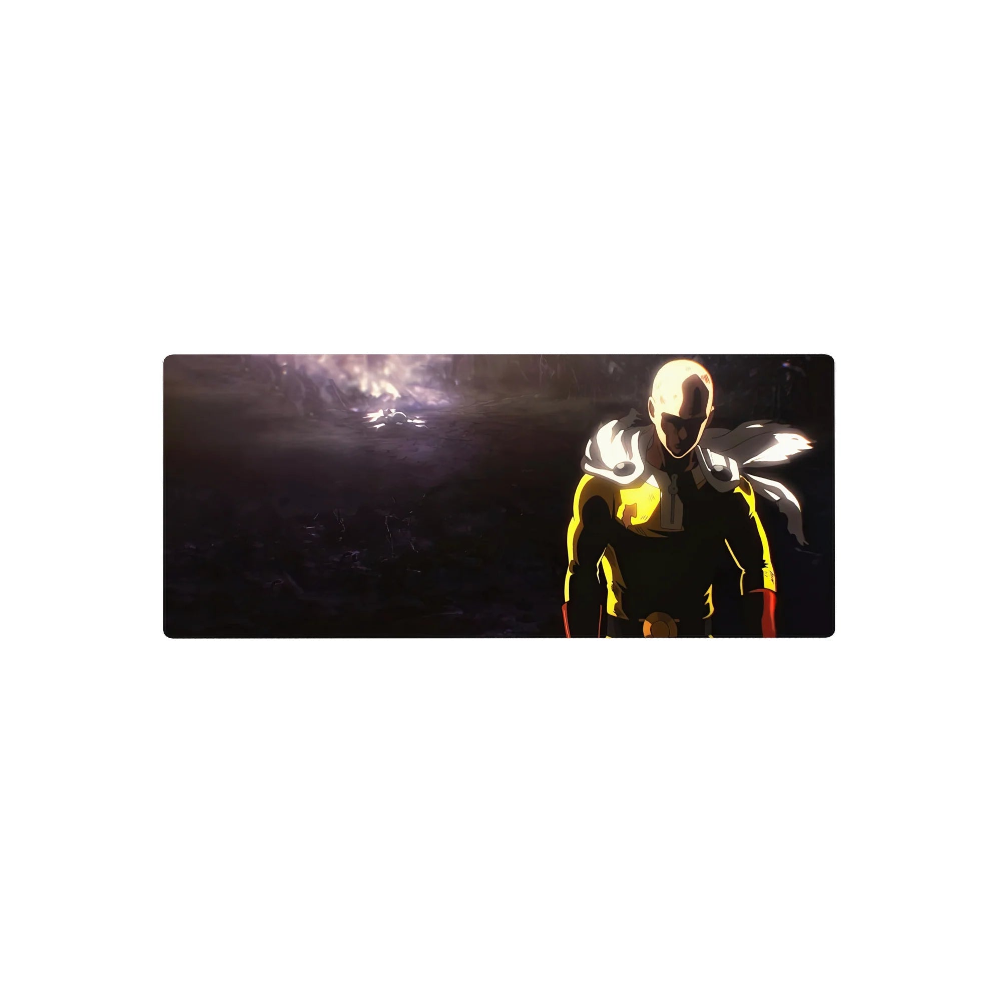 28x12 inches anime mouse pad with Saitama on a cratered battlefield, dramatic lighting and clean composition.