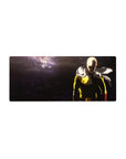 28x12 inches anime mouse pad with Saitama on a cratered battlefield, dramatic lighting and clean composition.
