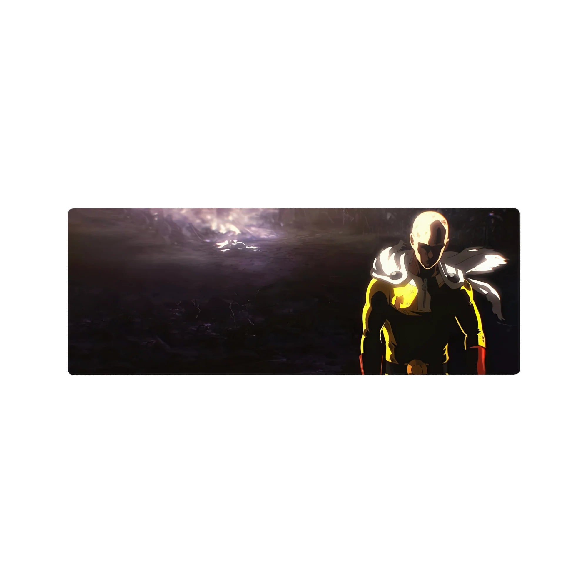 32x12 inches anime mouse pad with Saitama on a cratered battlefield, clean layout and dramatic lighting.