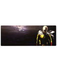 32x12 inches anime mouse pad with Saitama on a cratered battlefield, clean layout and dramatic lighting.