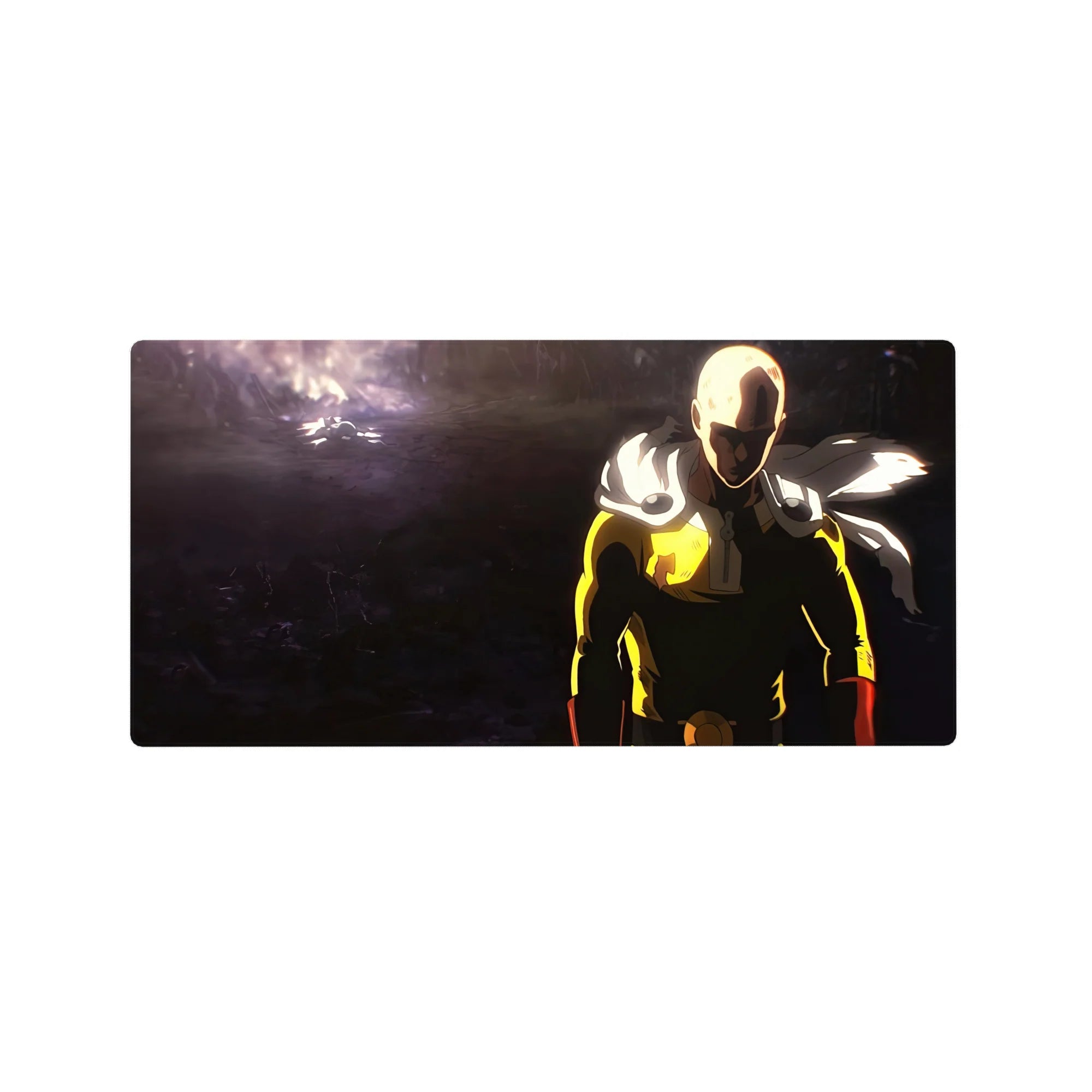 32x16 inches anime mouse pad with Saitama on a cratered battlefield, bold suit, dramatic lighting.