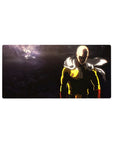 32x16 inches anime mouse pad with Saitama on a cratered battlefield, bold suit, dramatic lighting.