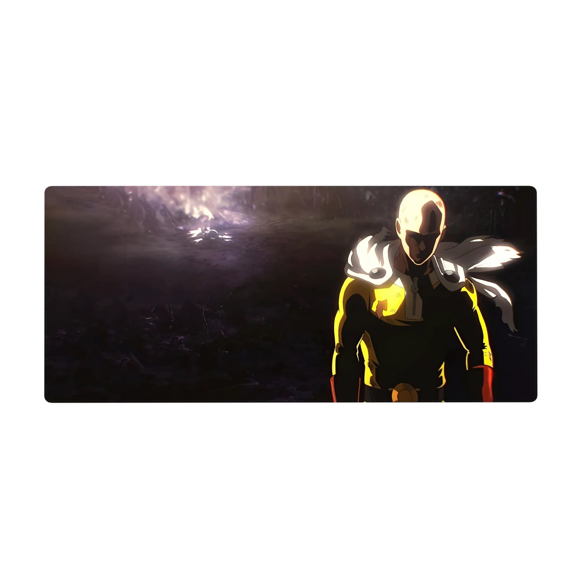 36x16 inches anime desk pad with Saitama on a cratered battlefield, cape flying in dramatic light.