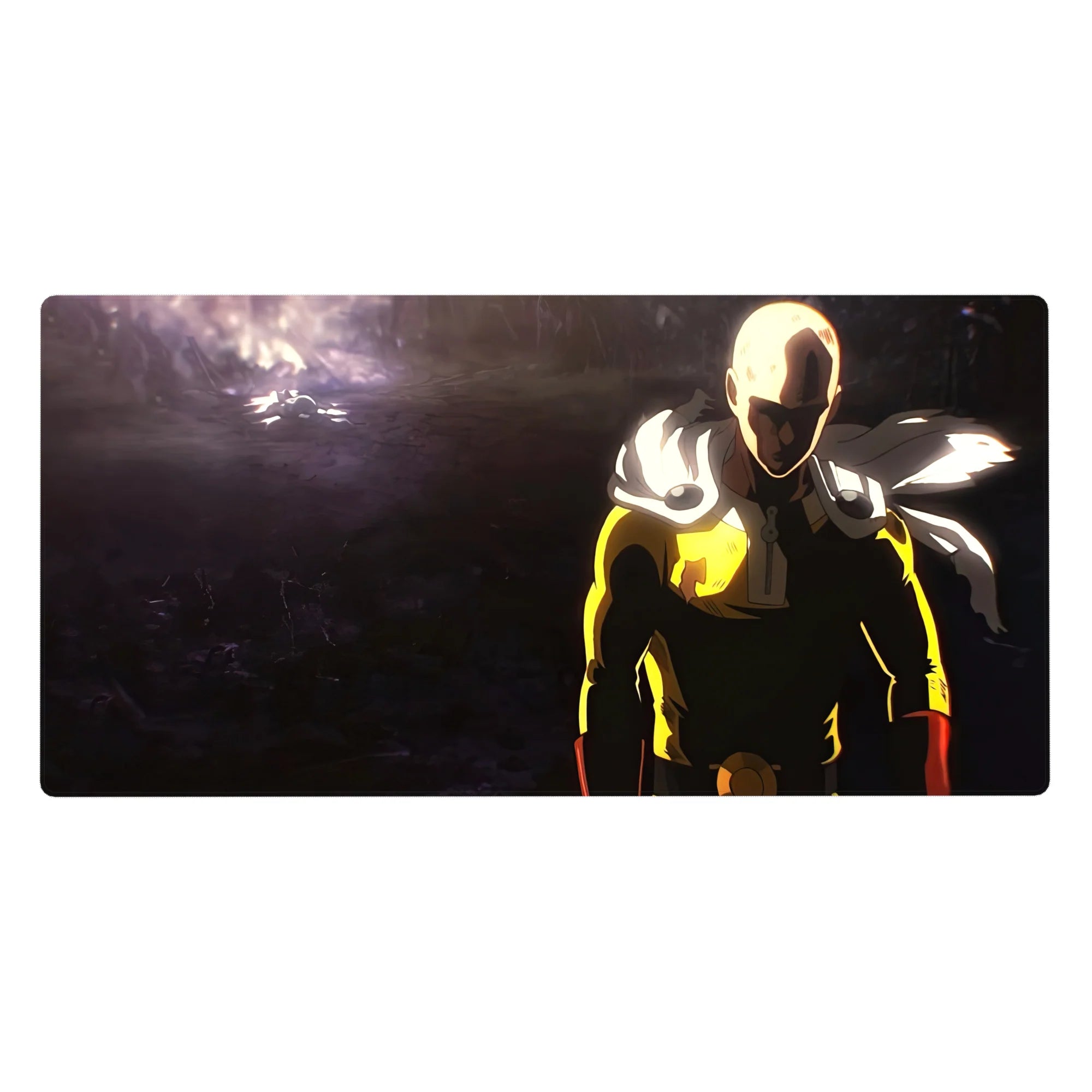 One Punch Man anime desk pad 40x20 inches with Saitama on a cratered battlefield, dramatic lighting.
