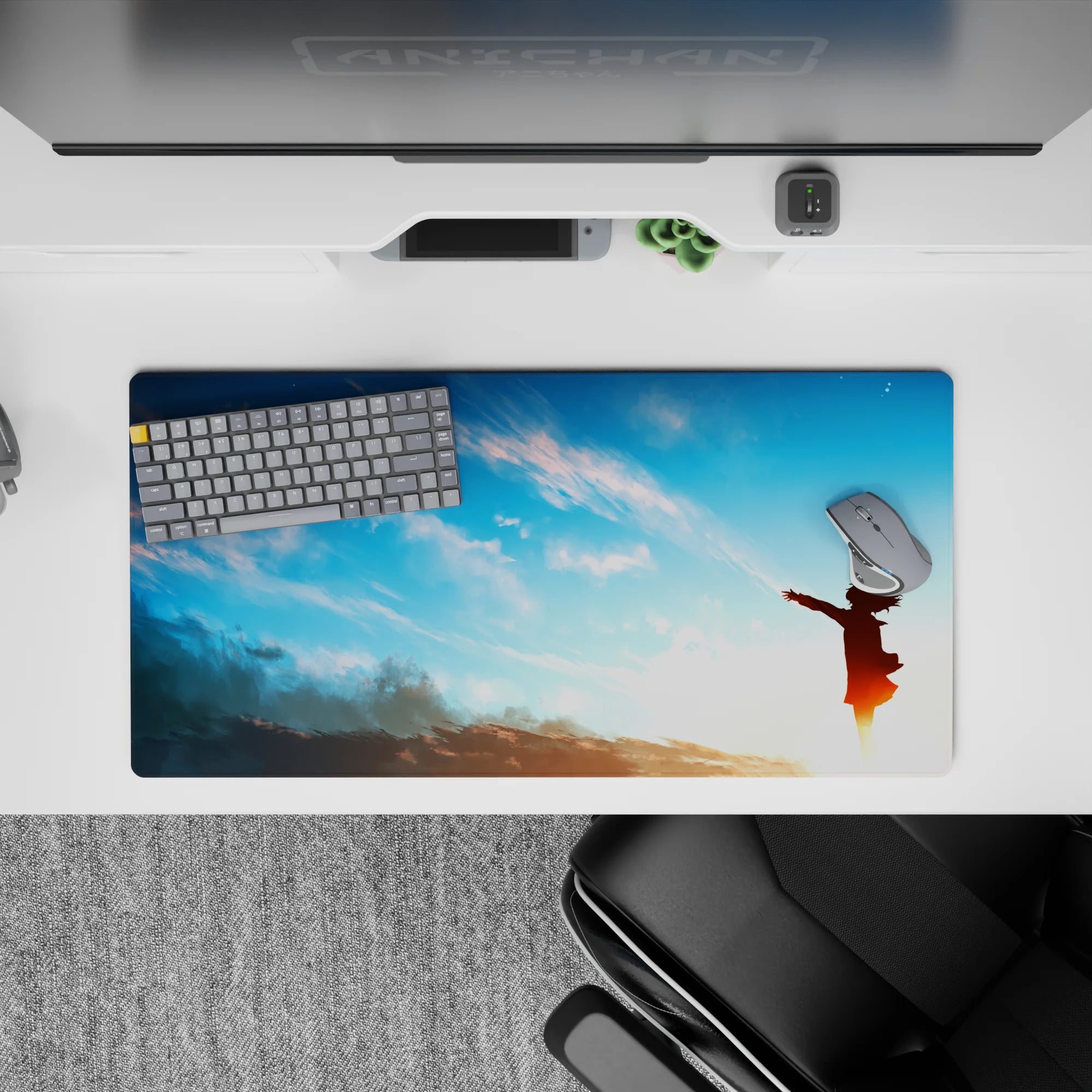 32x16 inches anime girl mouse pad in soft sky blues and warm peach tones, calm dreamy desk aesthetic.