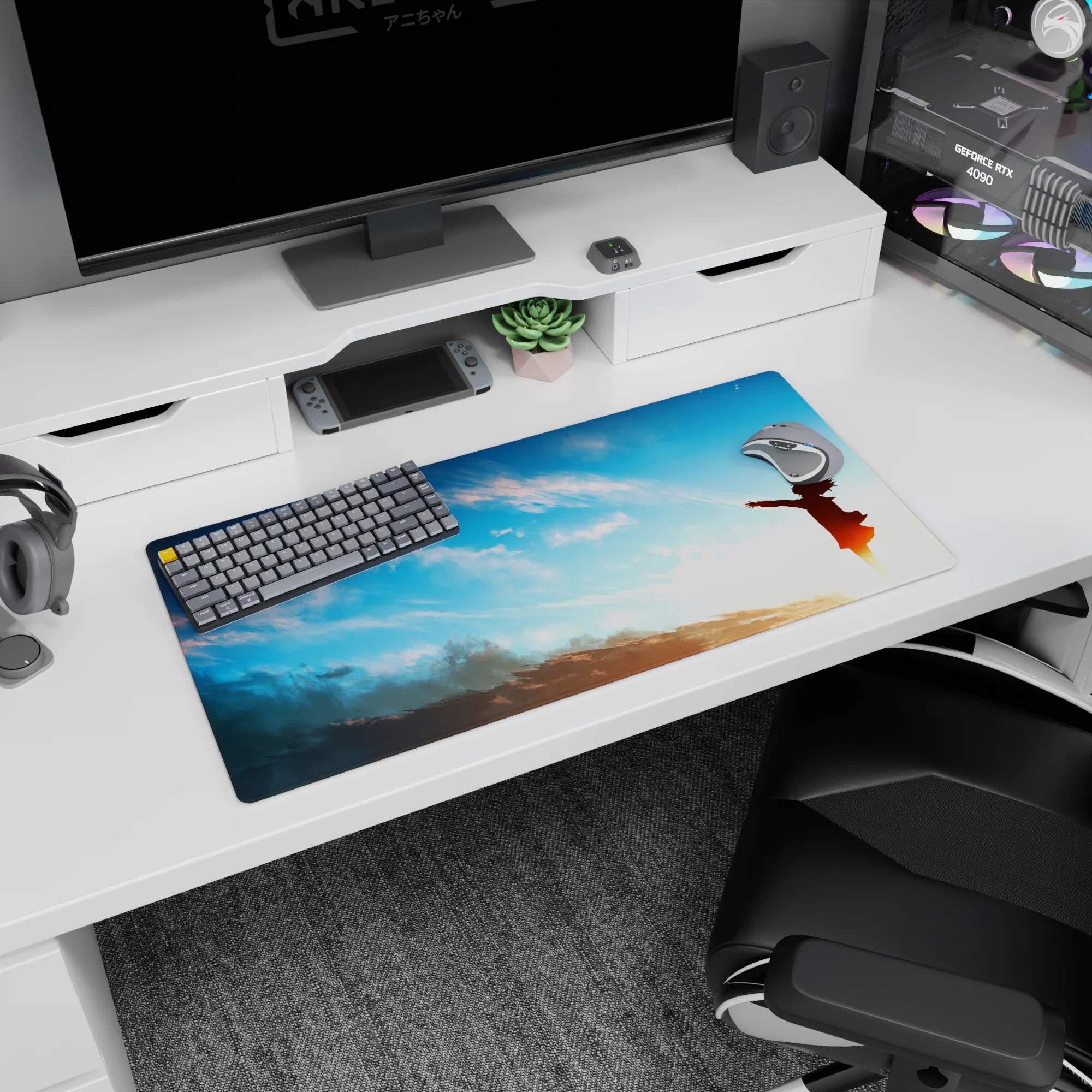 32x16 inches anime girl mouse pad showing a tiny girl silhouette reaching into the wind under clouds.