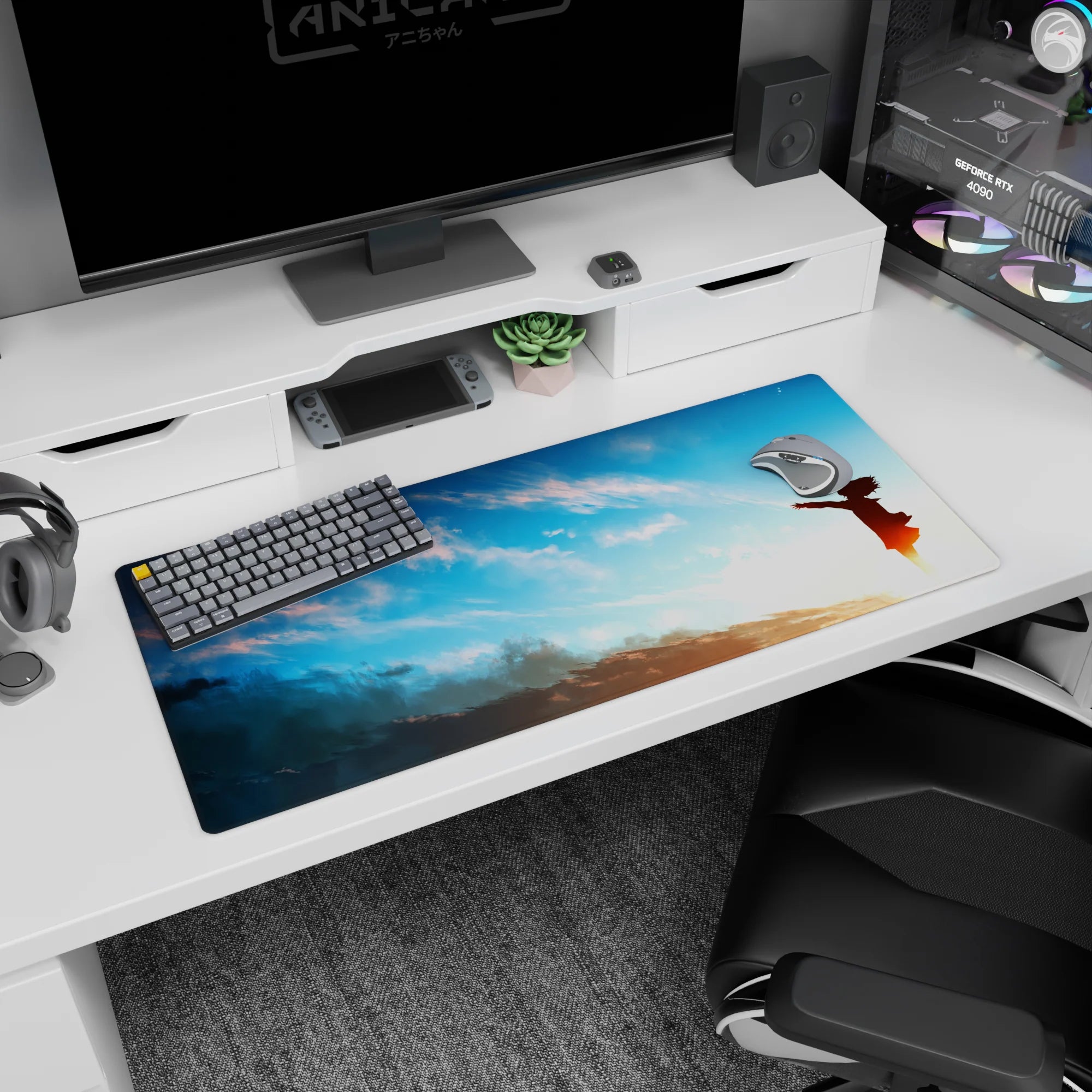 36x16 inches anime girl desk pad showing a tiny girl silhouette reaching into the wind under clouds.