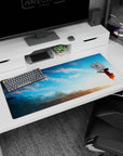 36x16 inches anime girl desk pad showing a tiny girl silhouette reaching into the wind under clouds.