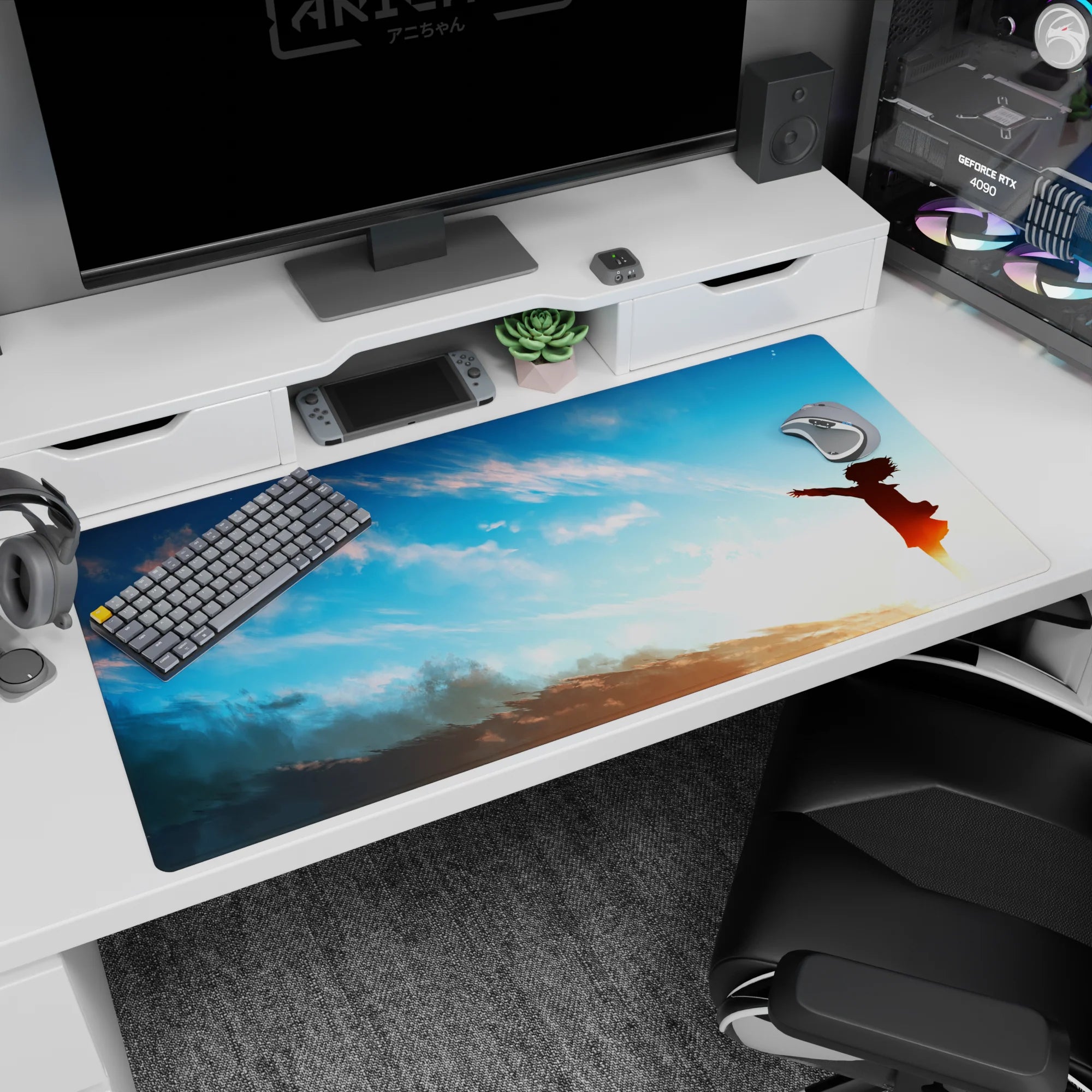 40x20 inches anime desk pad showing a tiny girl silhouette reaching into the wind under wide clouds.