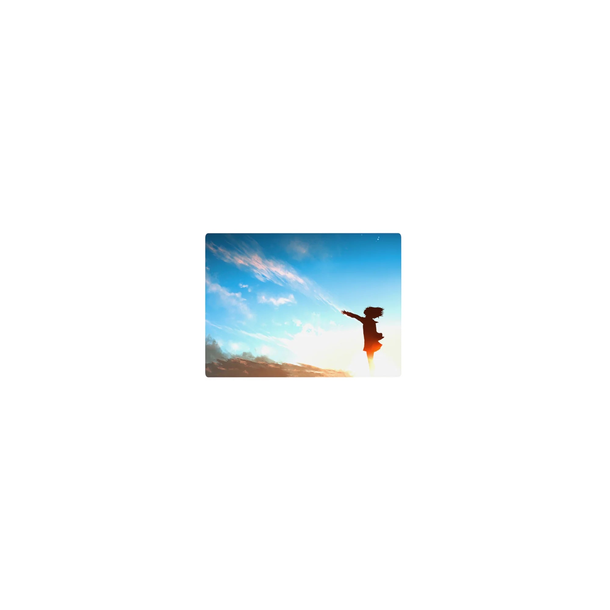 Classic anime girl mouse pad 14x10 inches with sunrise sky, soft clouds, and dreamy silhouette art.