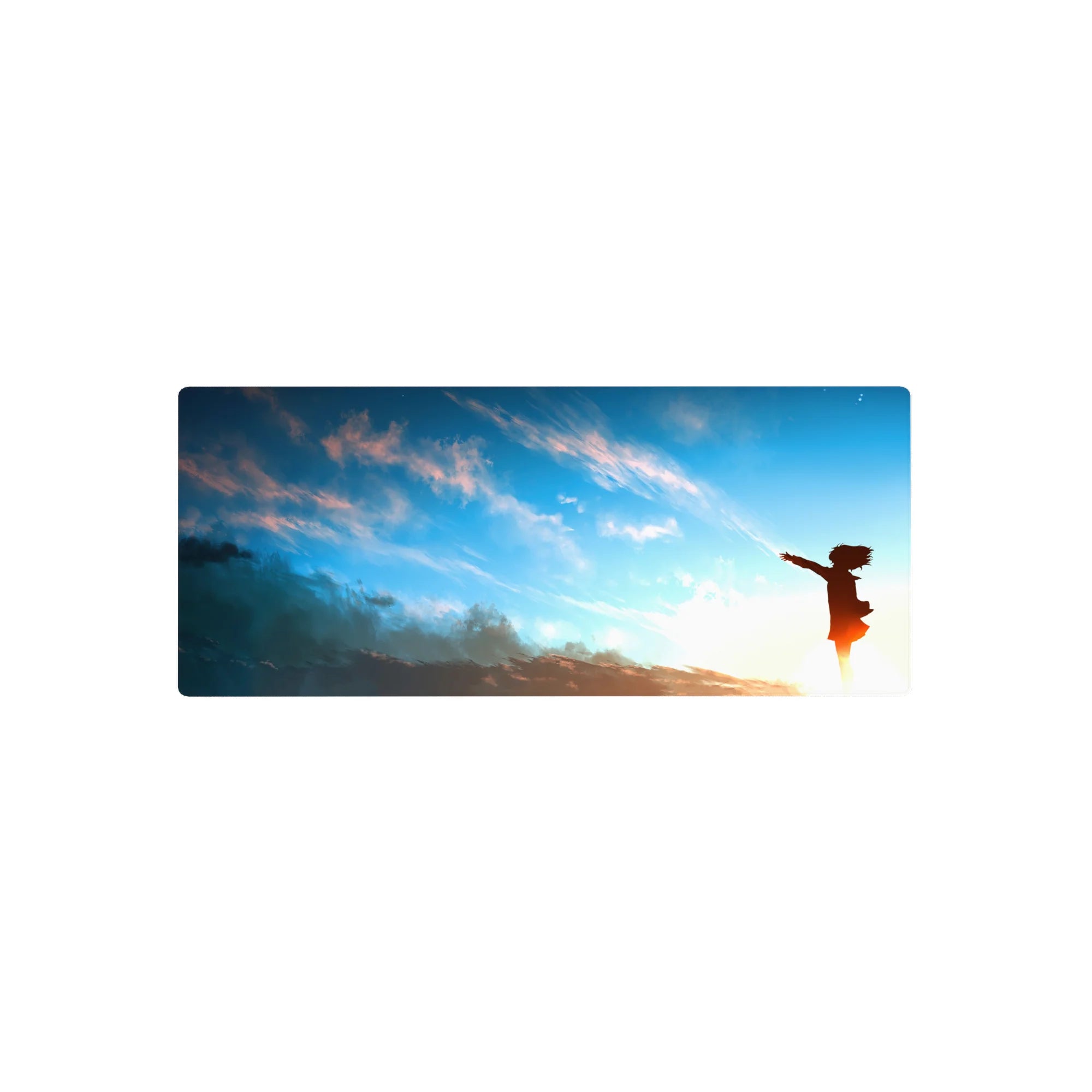 28x12 inches anime girl mouse pad with sunrise sky, peach clouds, and dreamy minimalist silhouette art.