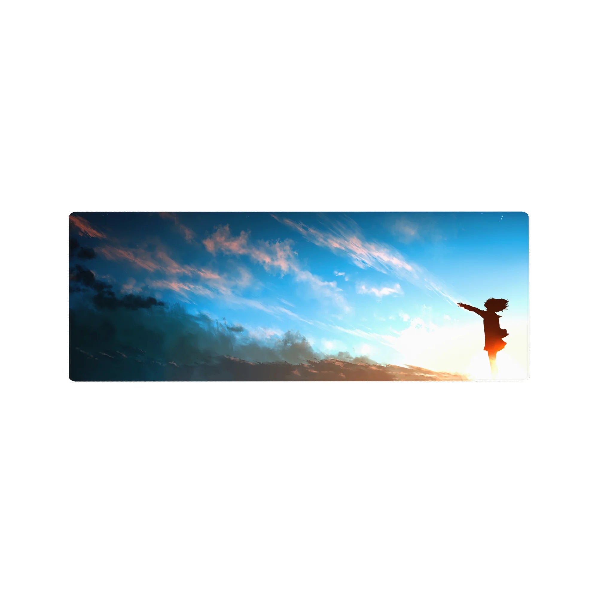 32x12 inches anime girl mouse pad with sunrise sky, peach clouds, and airy gradient desk mat.