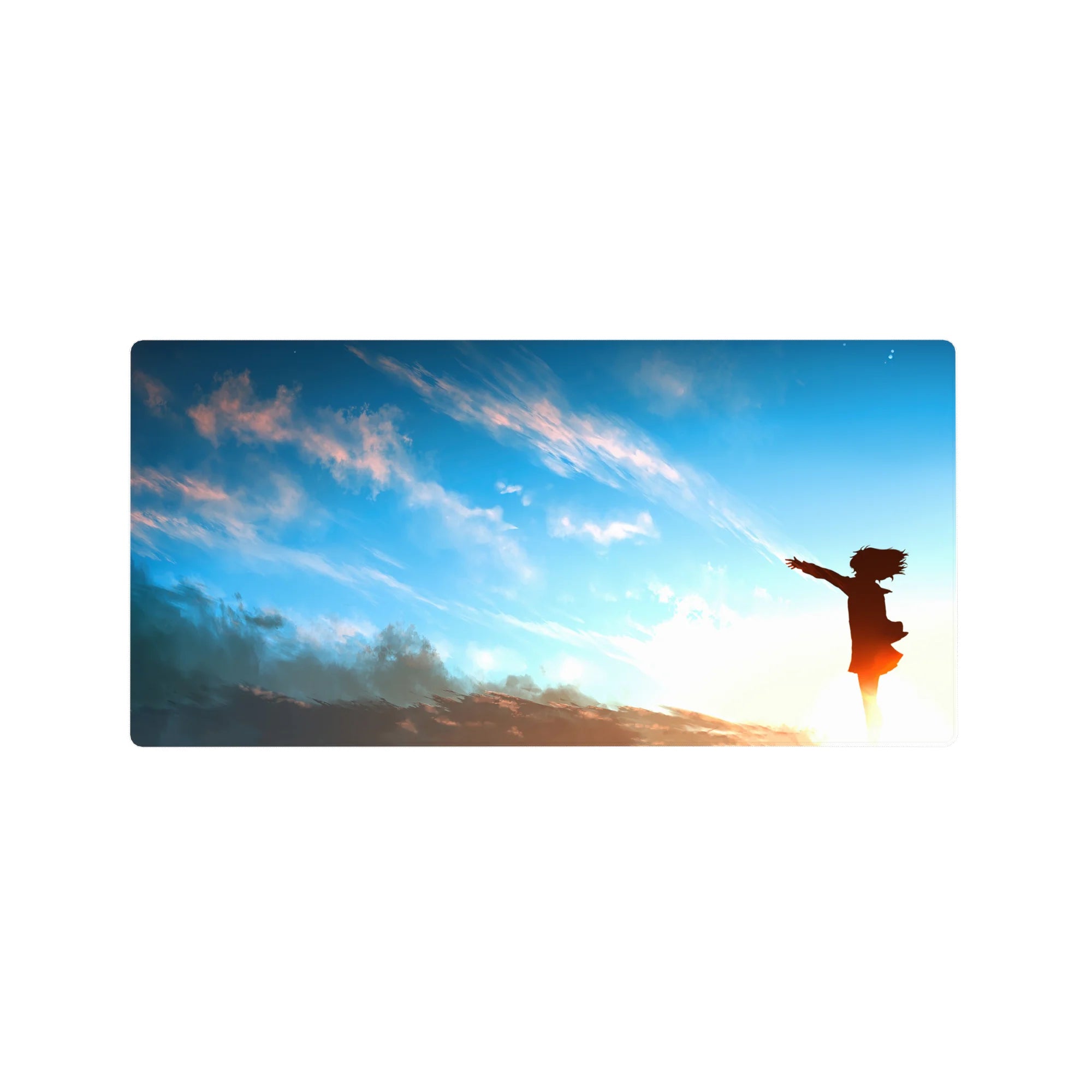32x16 inches anime girl mouse pad with sunrise sky, peach clouds, and minimalist silhouette artwork.