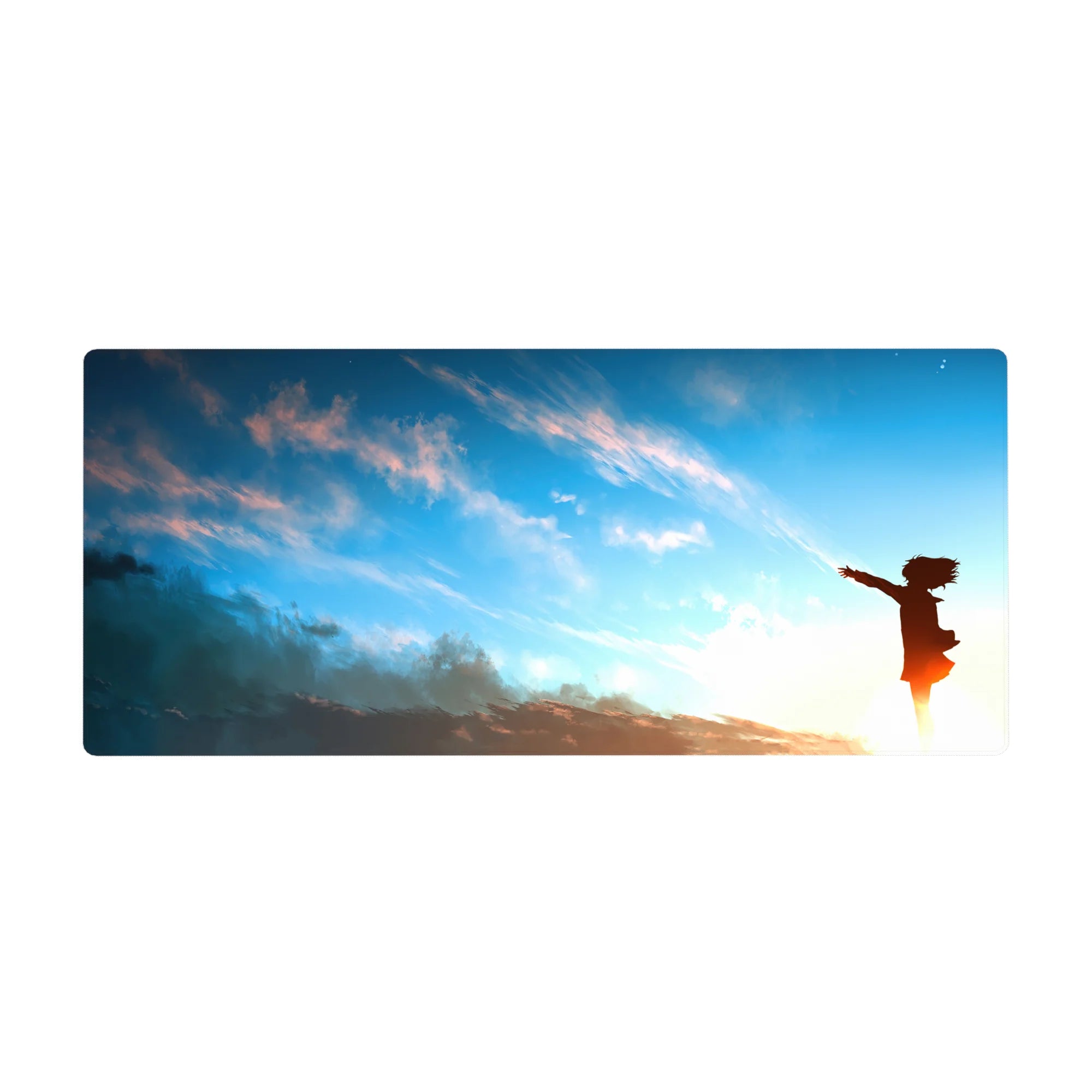 36x16 inches anime girl desk pad with sunrise sky, peach clouds, and cozy subtle art print.