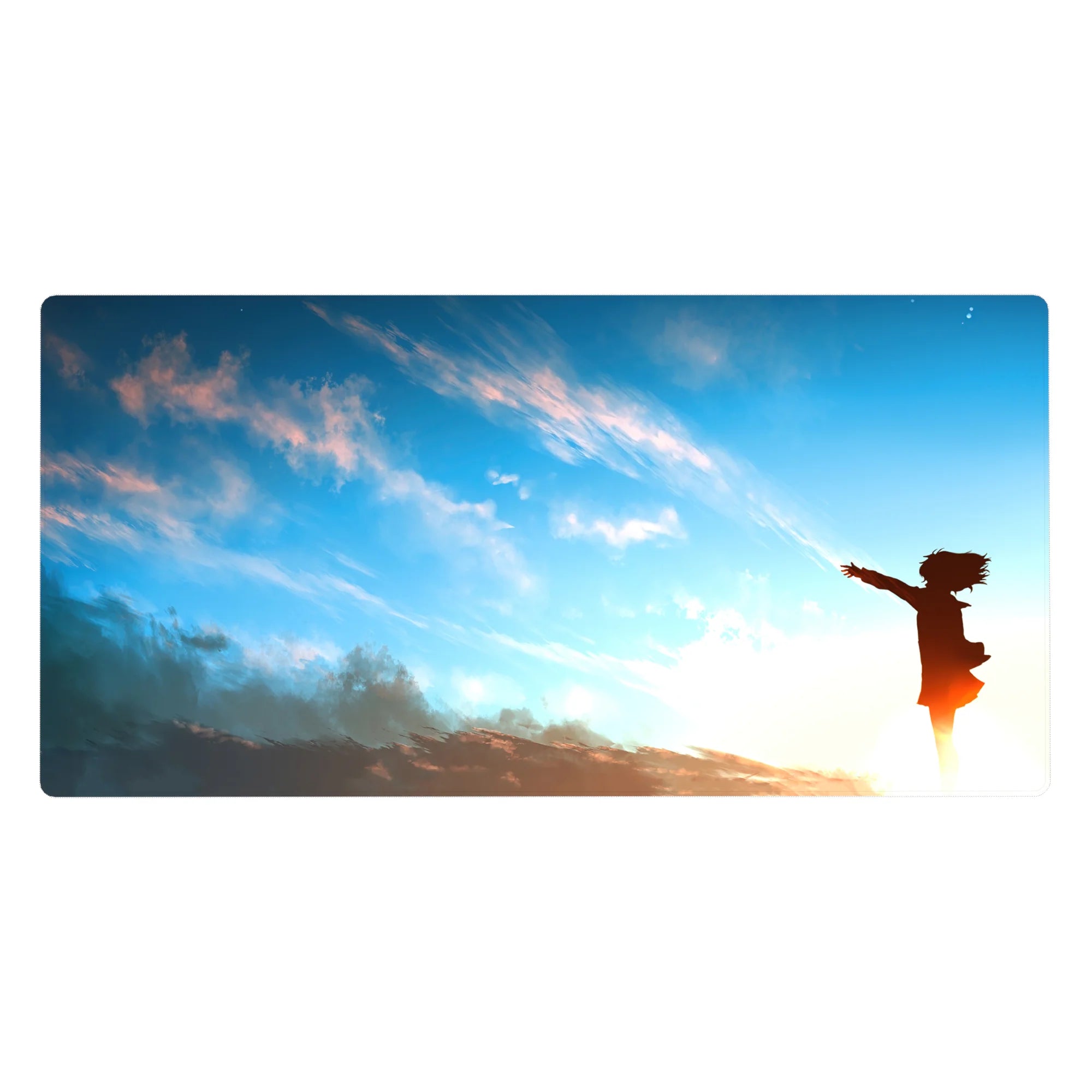 Anime girl desk pad 40x20 inches with sunrise sky gradient, peach clouds, and cozy subtle art.