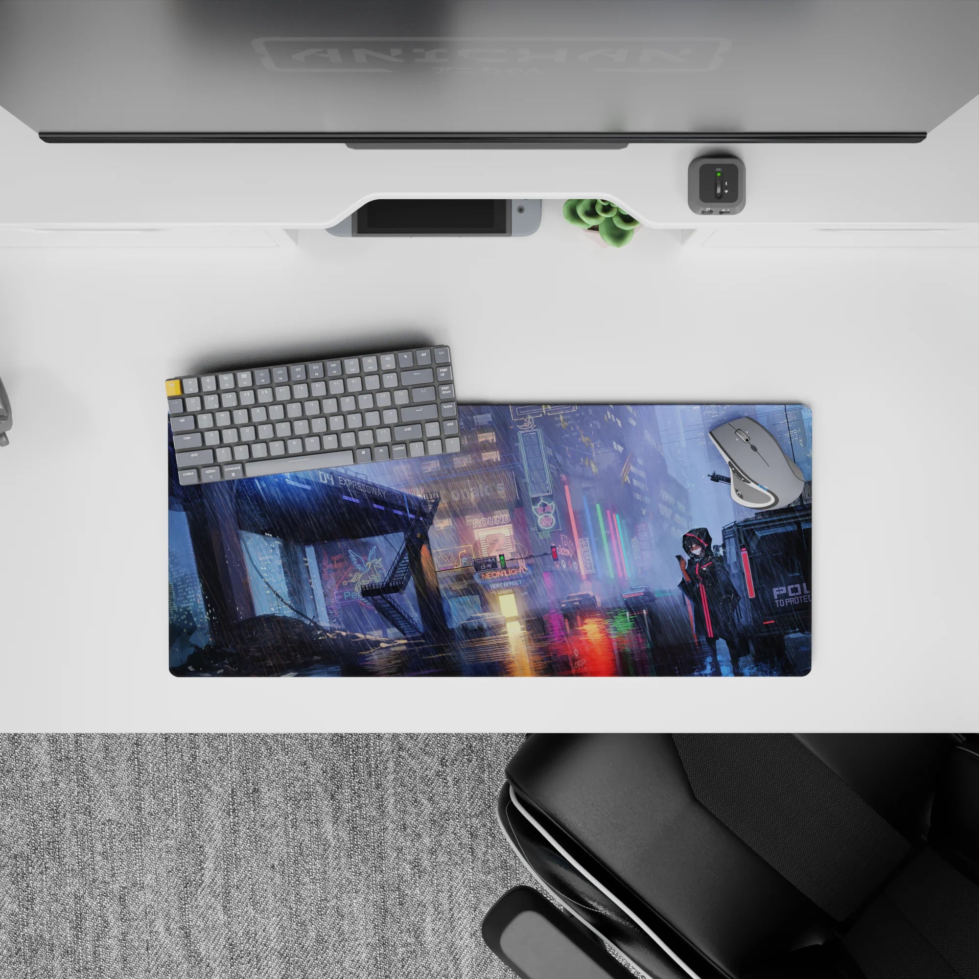 Icy blue and hot pink neon glow anime girl mouse pad, rainy night mood, 28x12 inches.