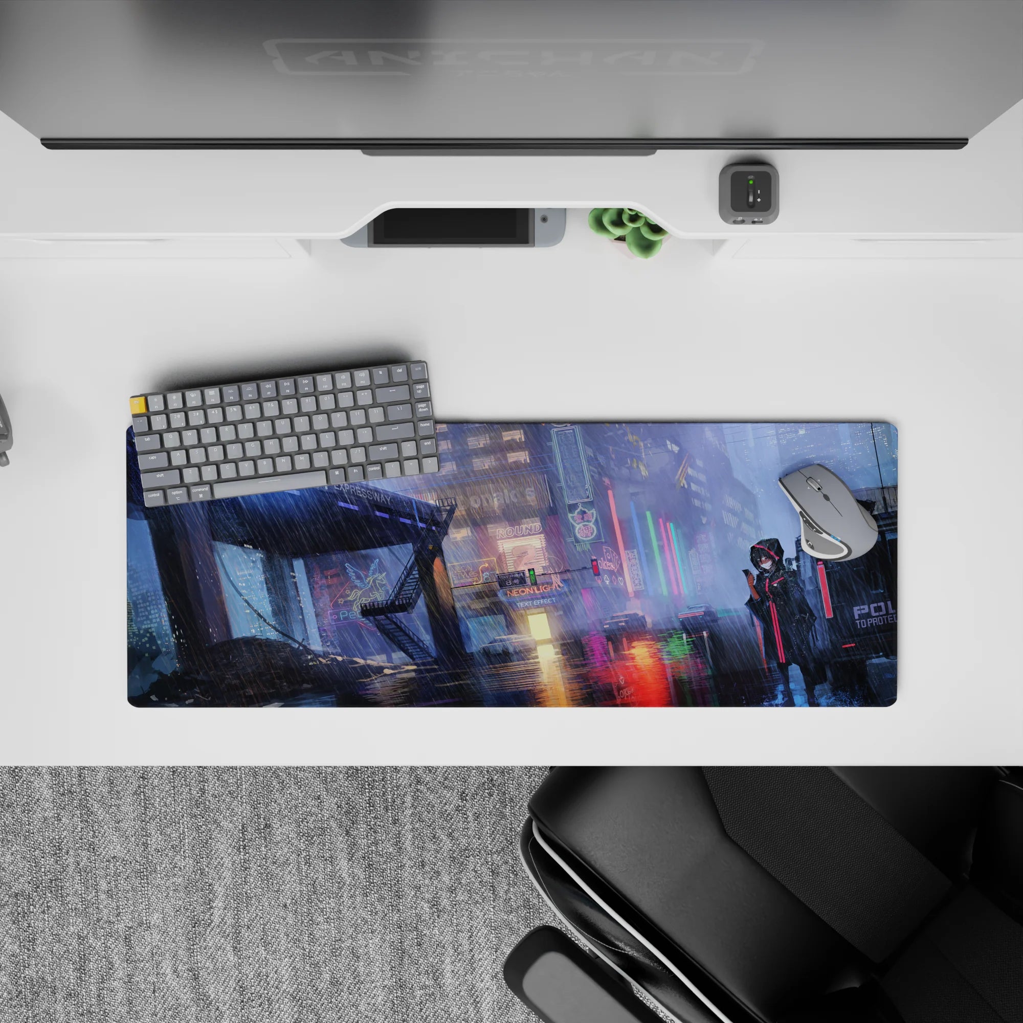 Anime girl mouse pad 32x12 inches in icy blues and hot pink neon, moody rainy cyberpunk glow.